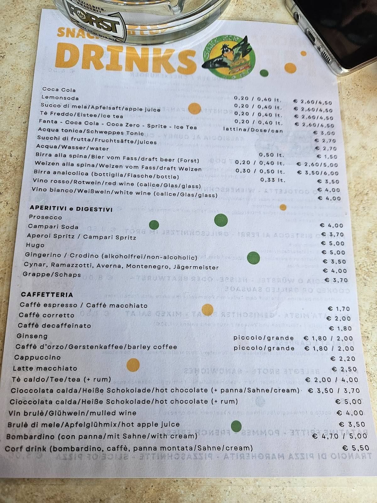 Menu di Snack Bar Corf 