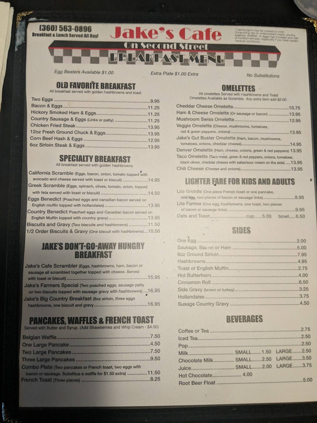 Menu at Jake's Cafe on 2nd Street, Snohomish