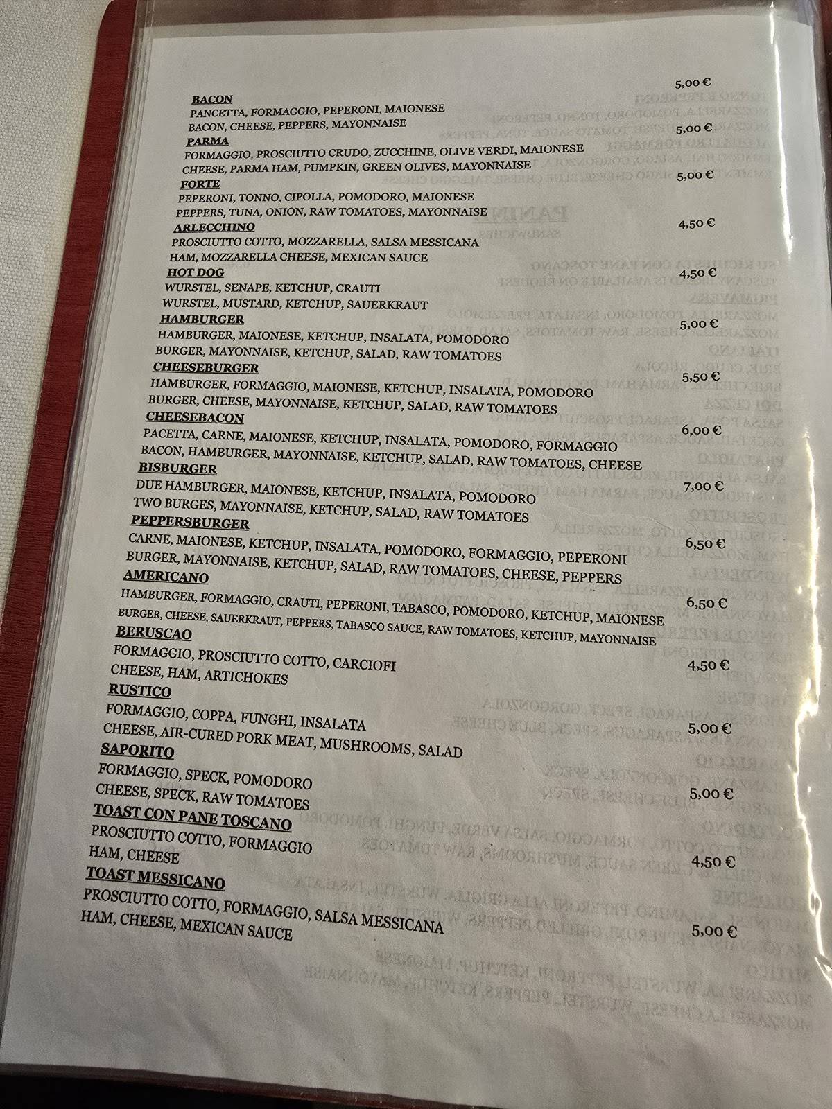 Menu di Spaghetteria Wonderful 