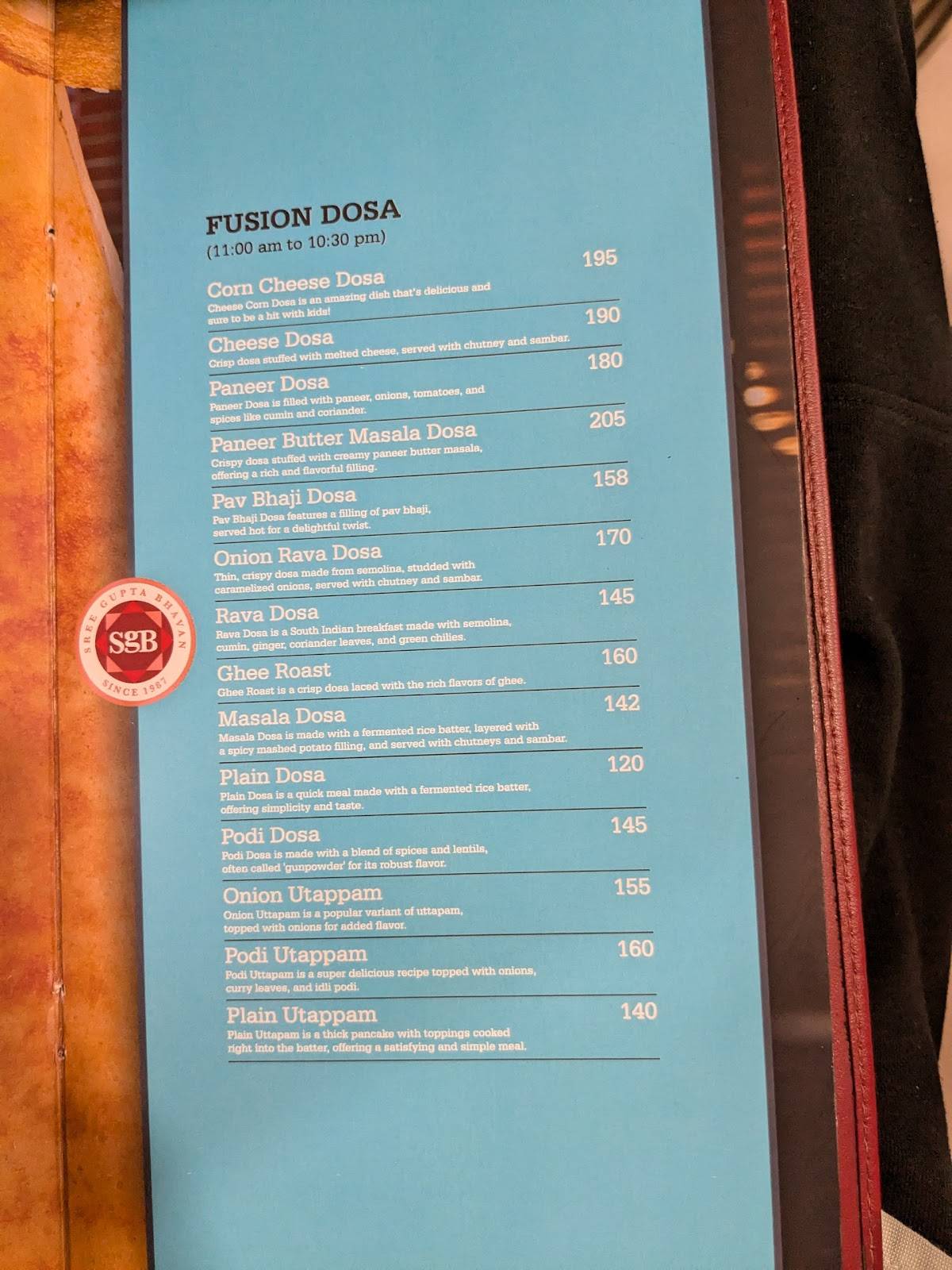 Sree Gupta Bhavan - SgB menu