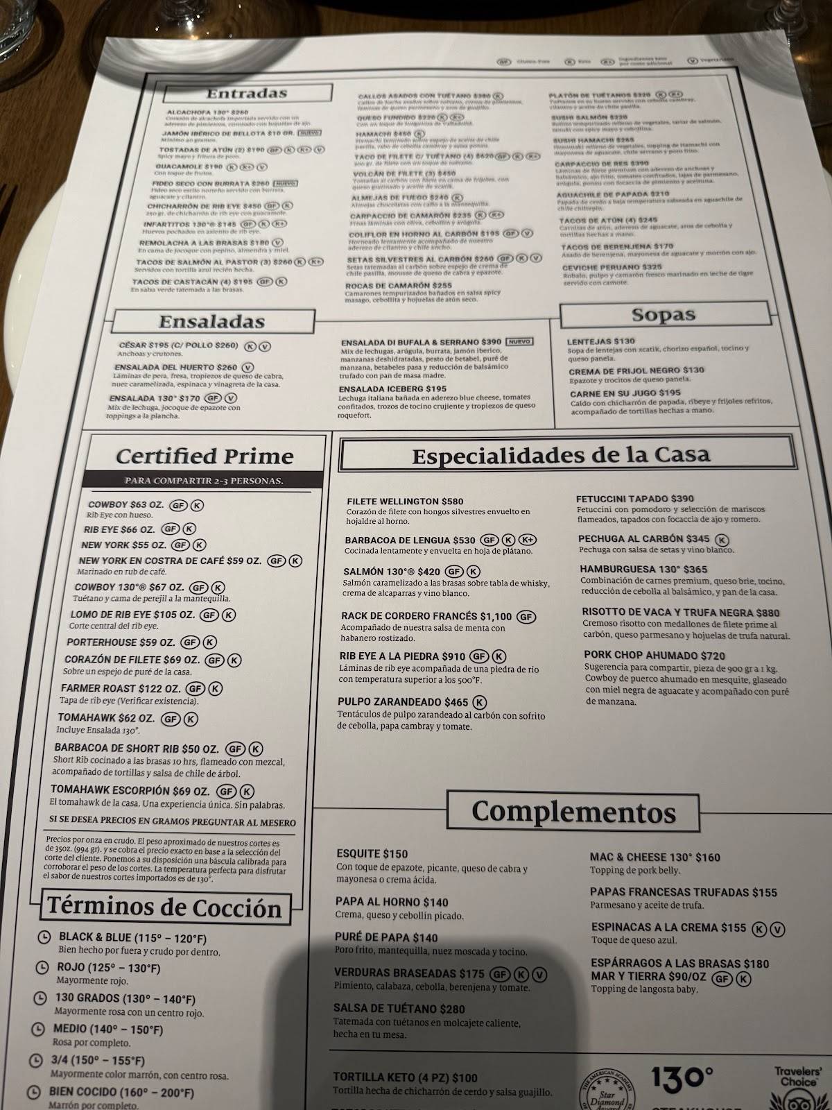 Carta de 130 Grados Steakhouse Mérida, Merida