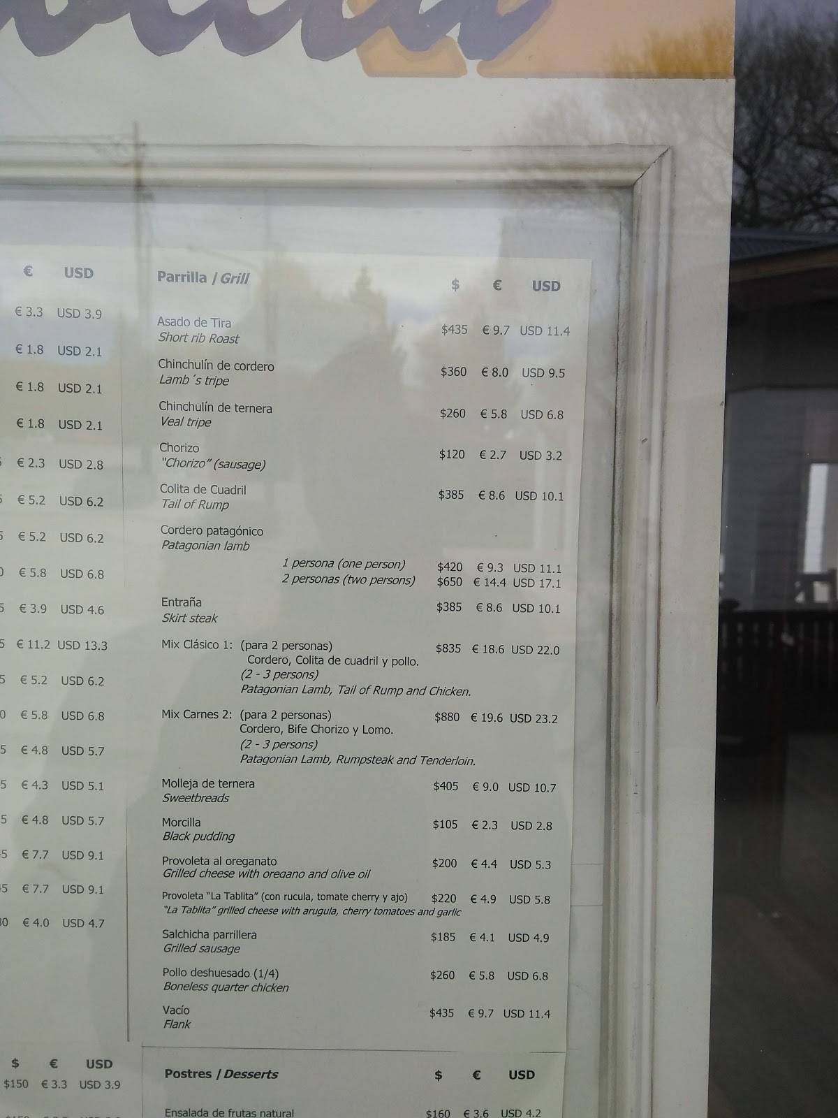 Carta de parrilla La Tablita, El Calafate