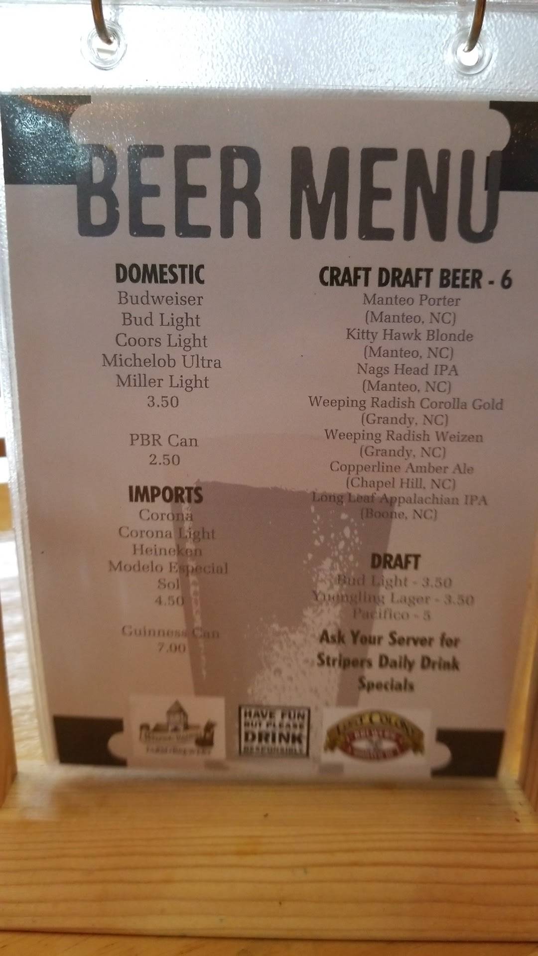 Menu at Stripers Bar & Grille, Manteo