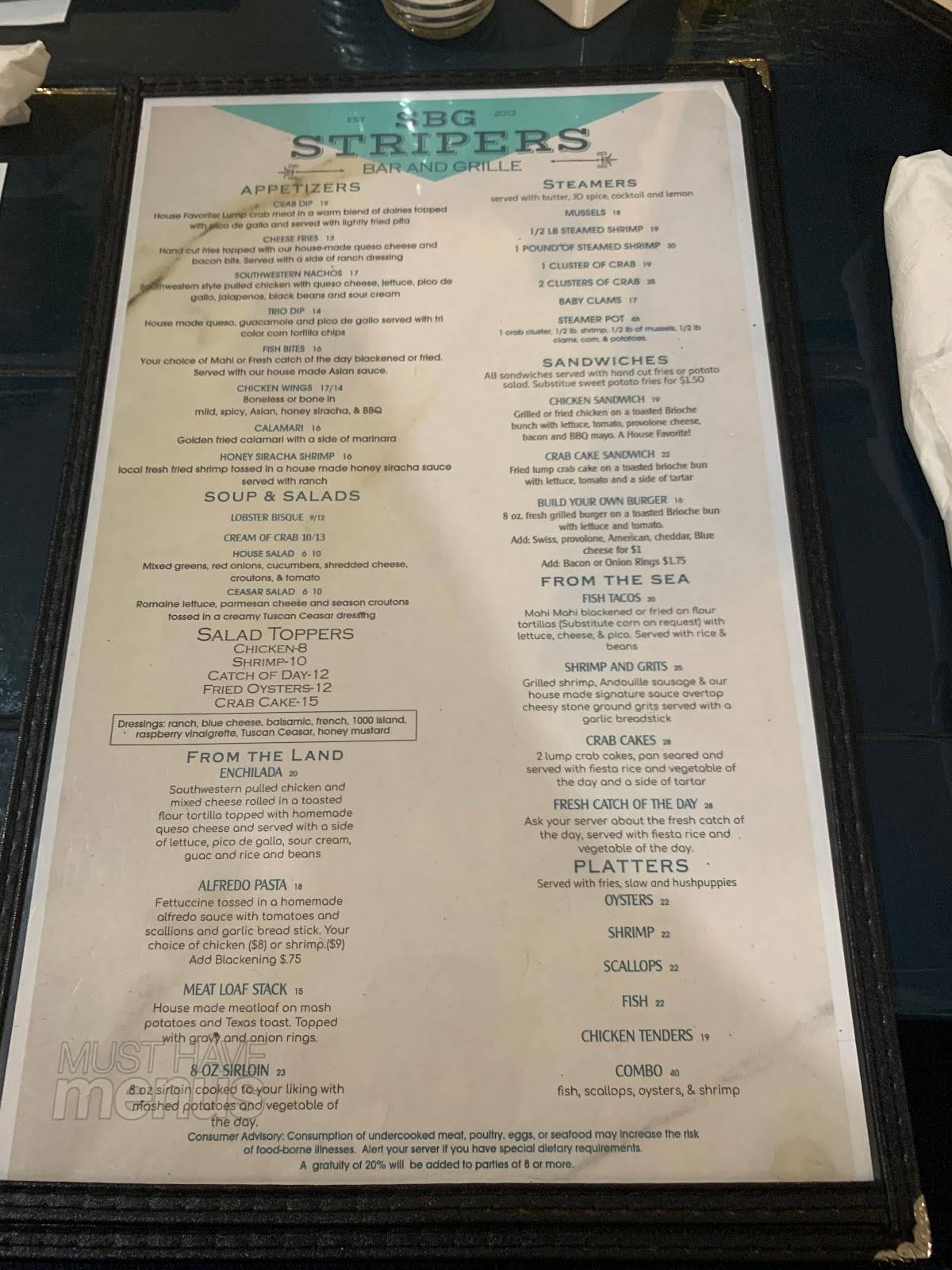 Menu at Stripers Bar & Grille, Manteo