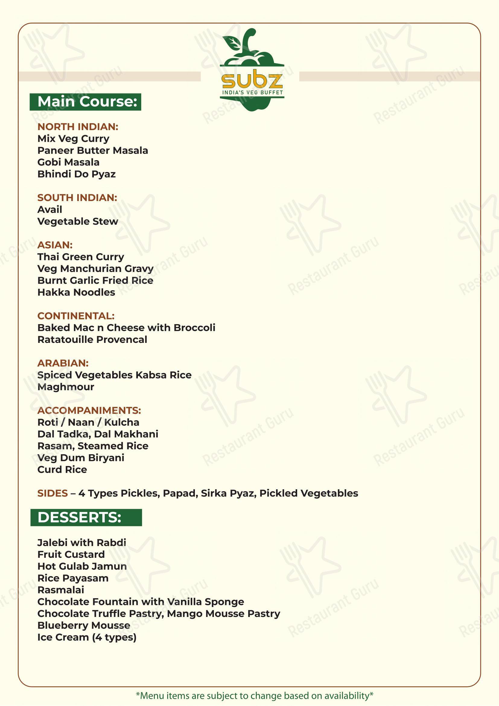 Subz in Bengaluru - Menu