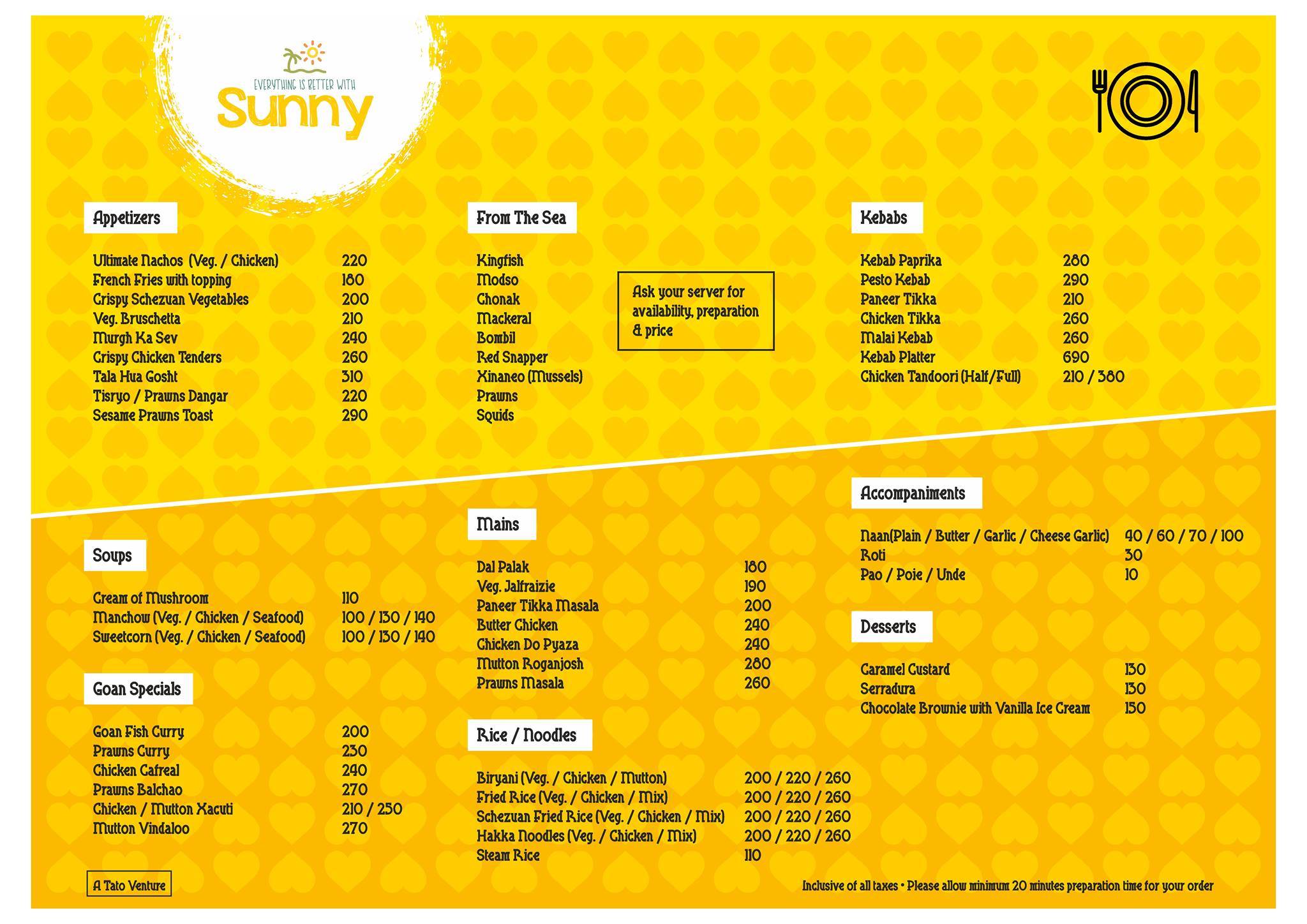 Sunny Restobar menu