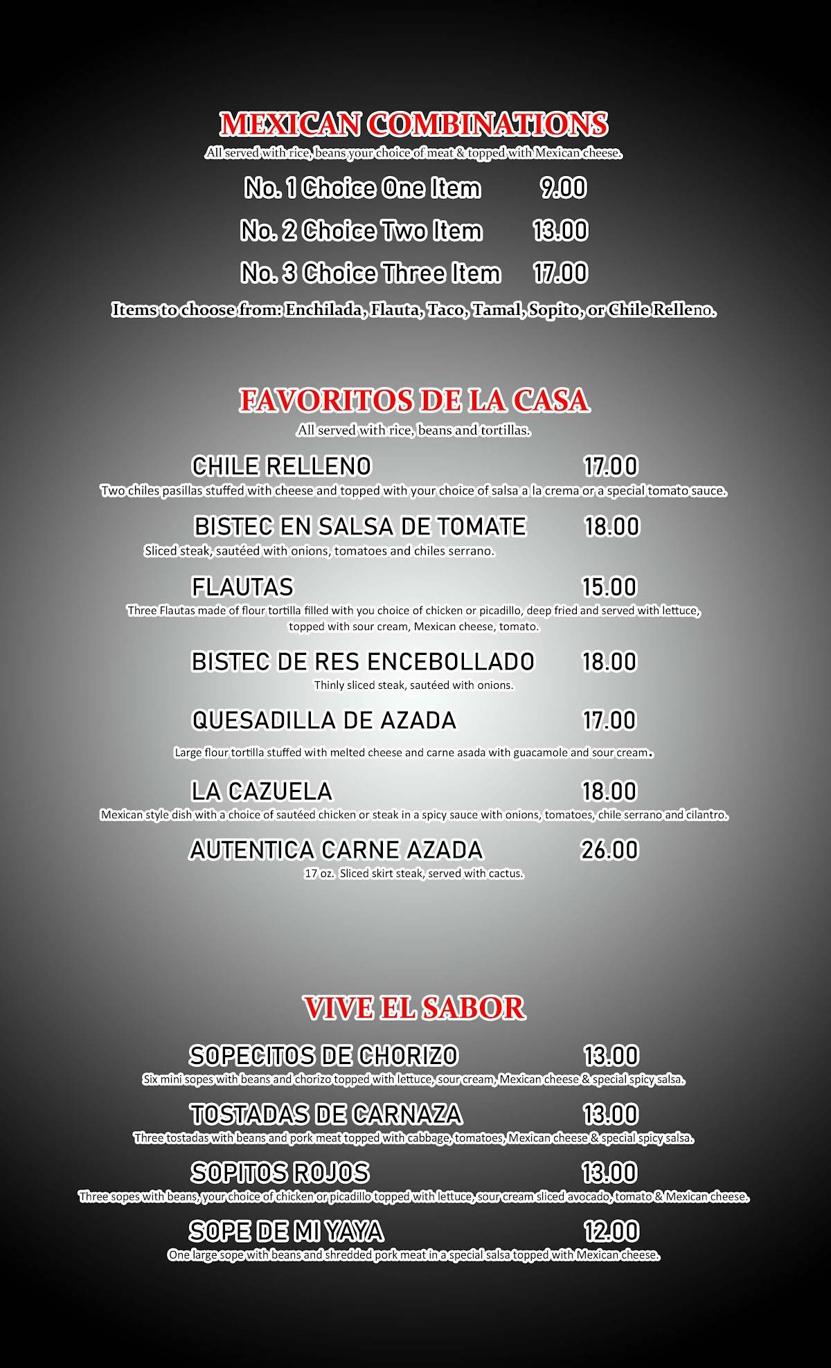 Menu at Conquistador LLC Mexican Restaurant & Catering, Sunnyside