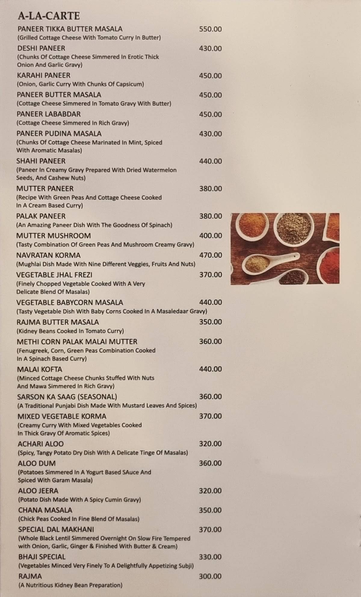 Surya Mahal menu