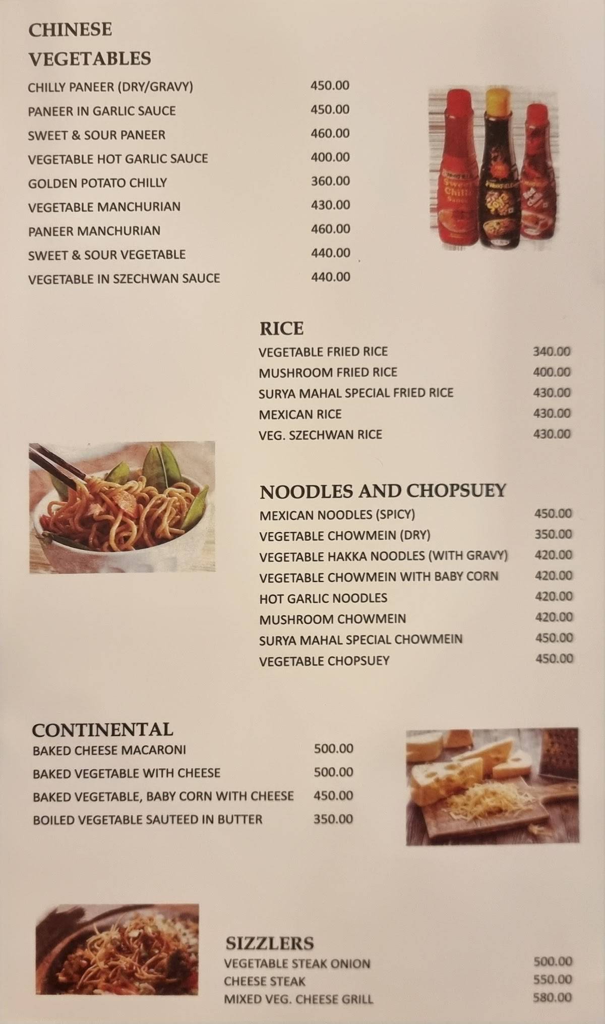 Surya Mahal menu