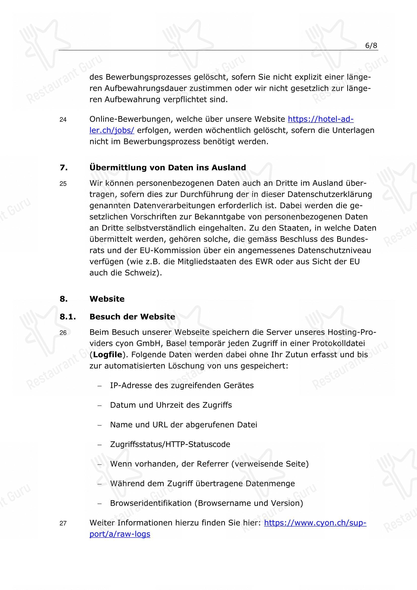 Menu per Swiss Chuchi Restaurant ristorante