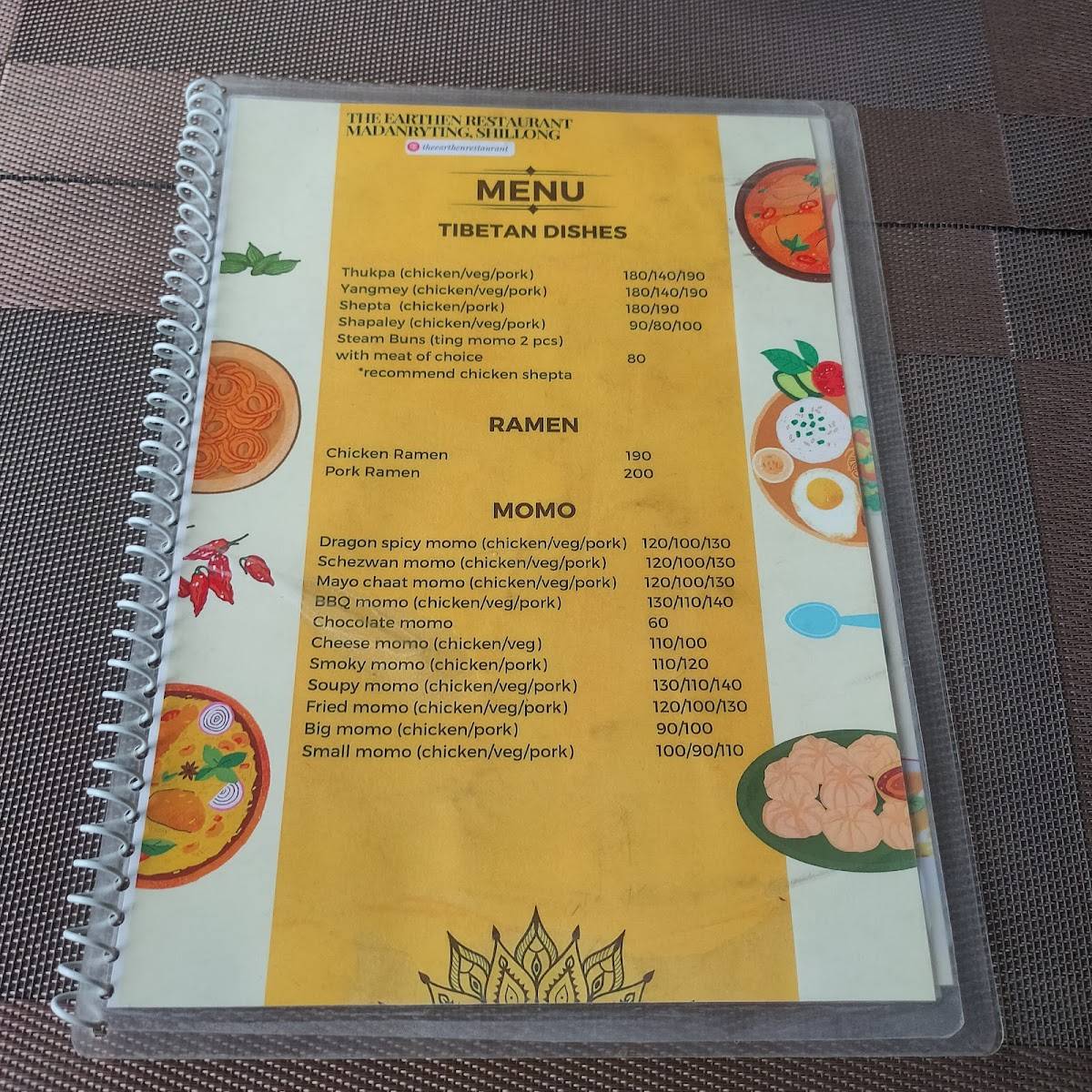THE EARTHEN RESTAURANT menu