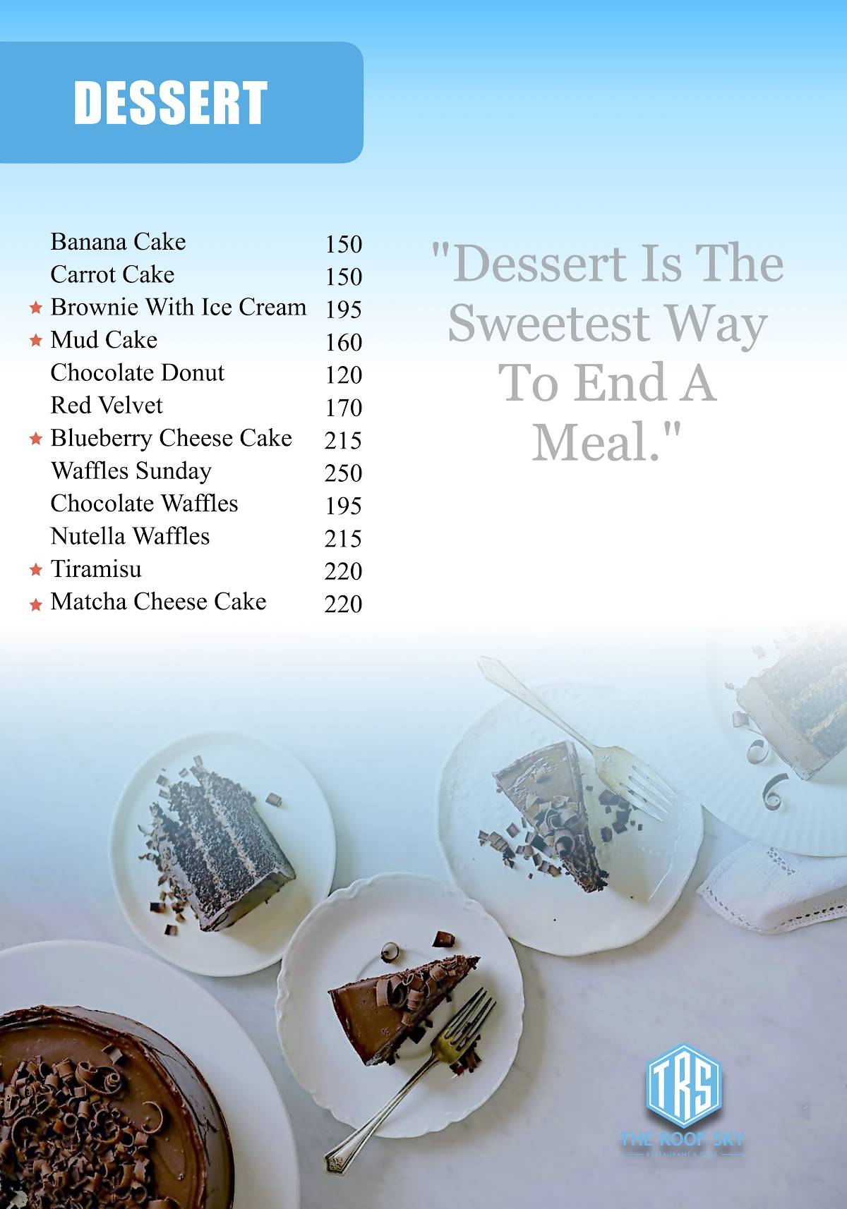 THE ROOF SKY RESTAURANT & CAFE menu