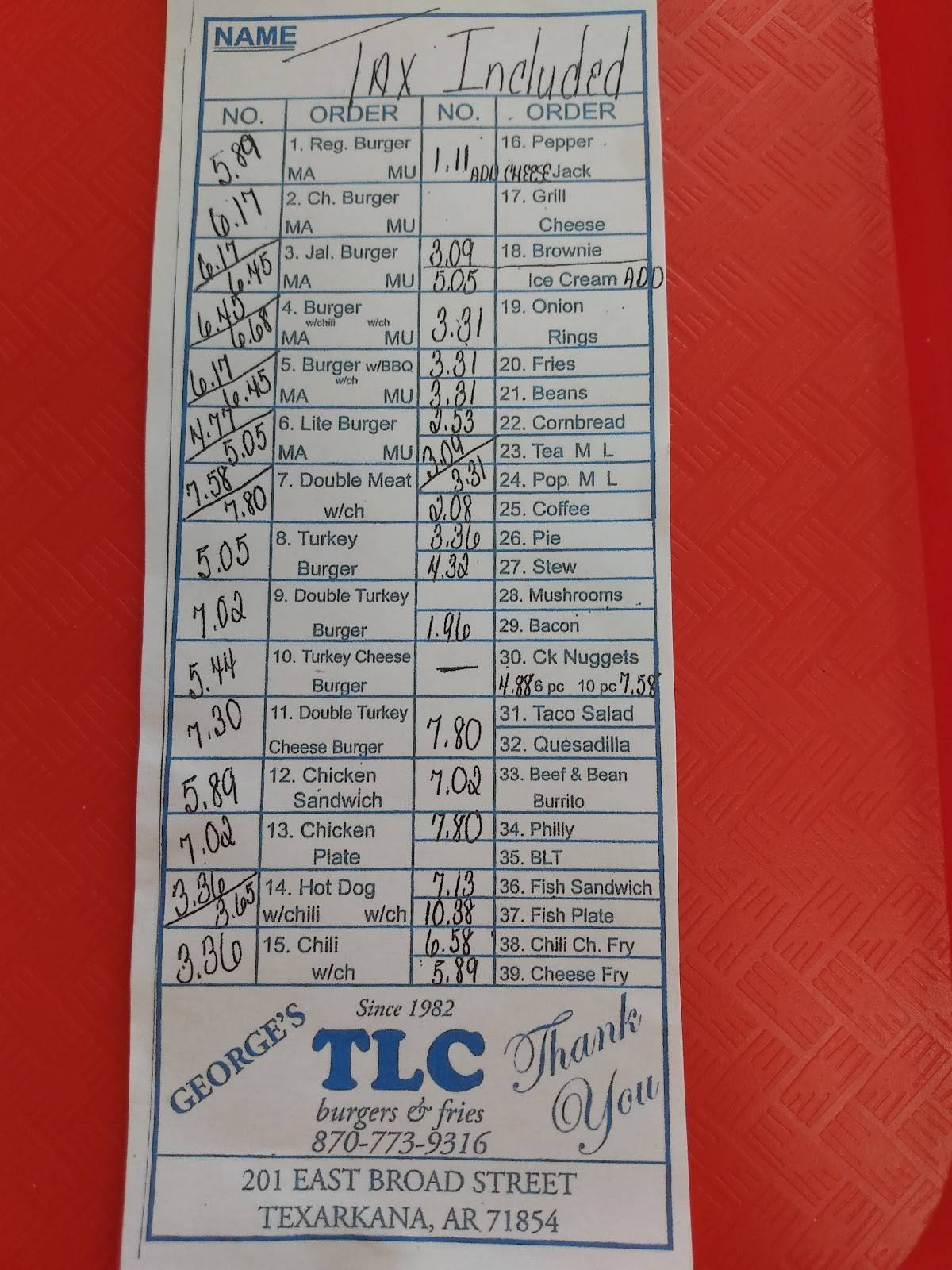 Menu at TLC Burgers & Fries restaurant, Texarkana