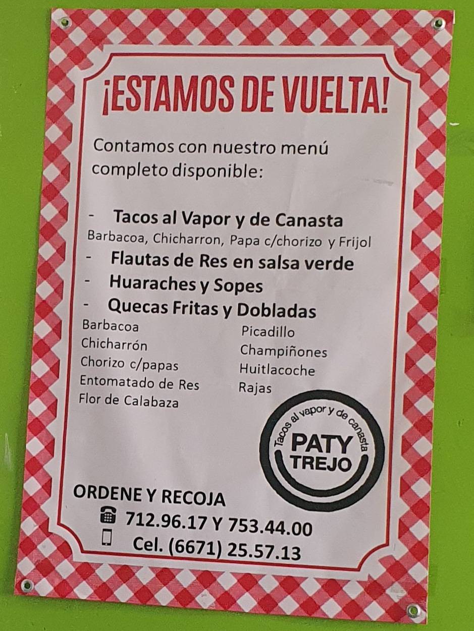 Carta del restaurante Tacos al Vapor y del Canasta Paty Trejo, Culiacán