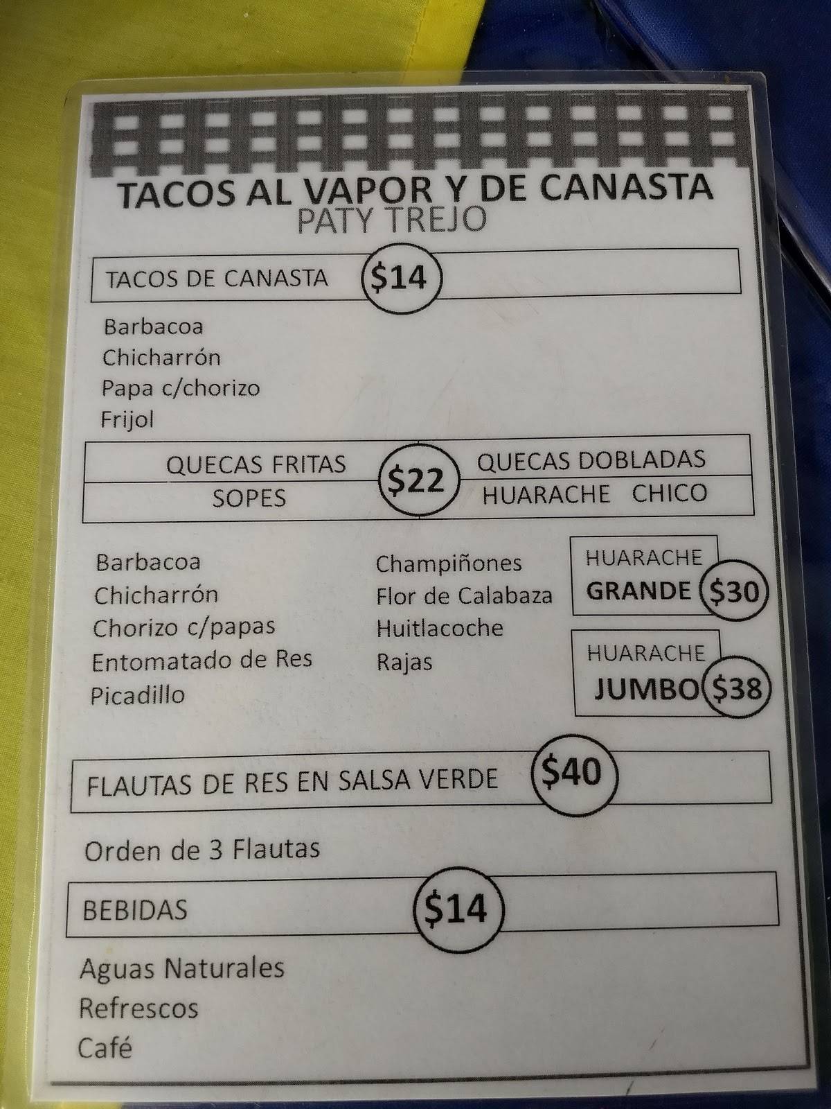Carta del restaurante Tacos al Vapor y del Canasta Paty Trejo, Culiacán