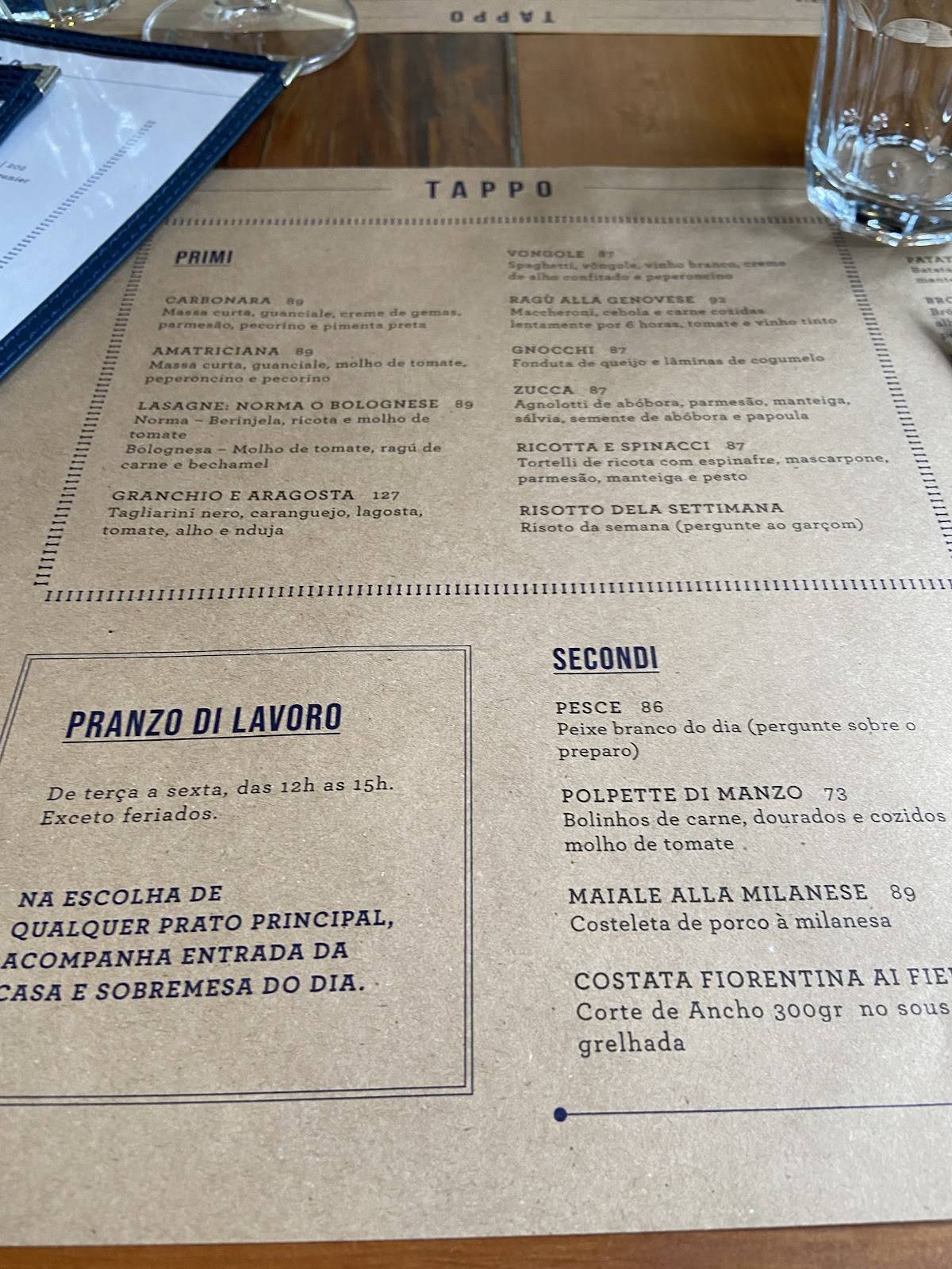 Tappo Trattoria cardápio