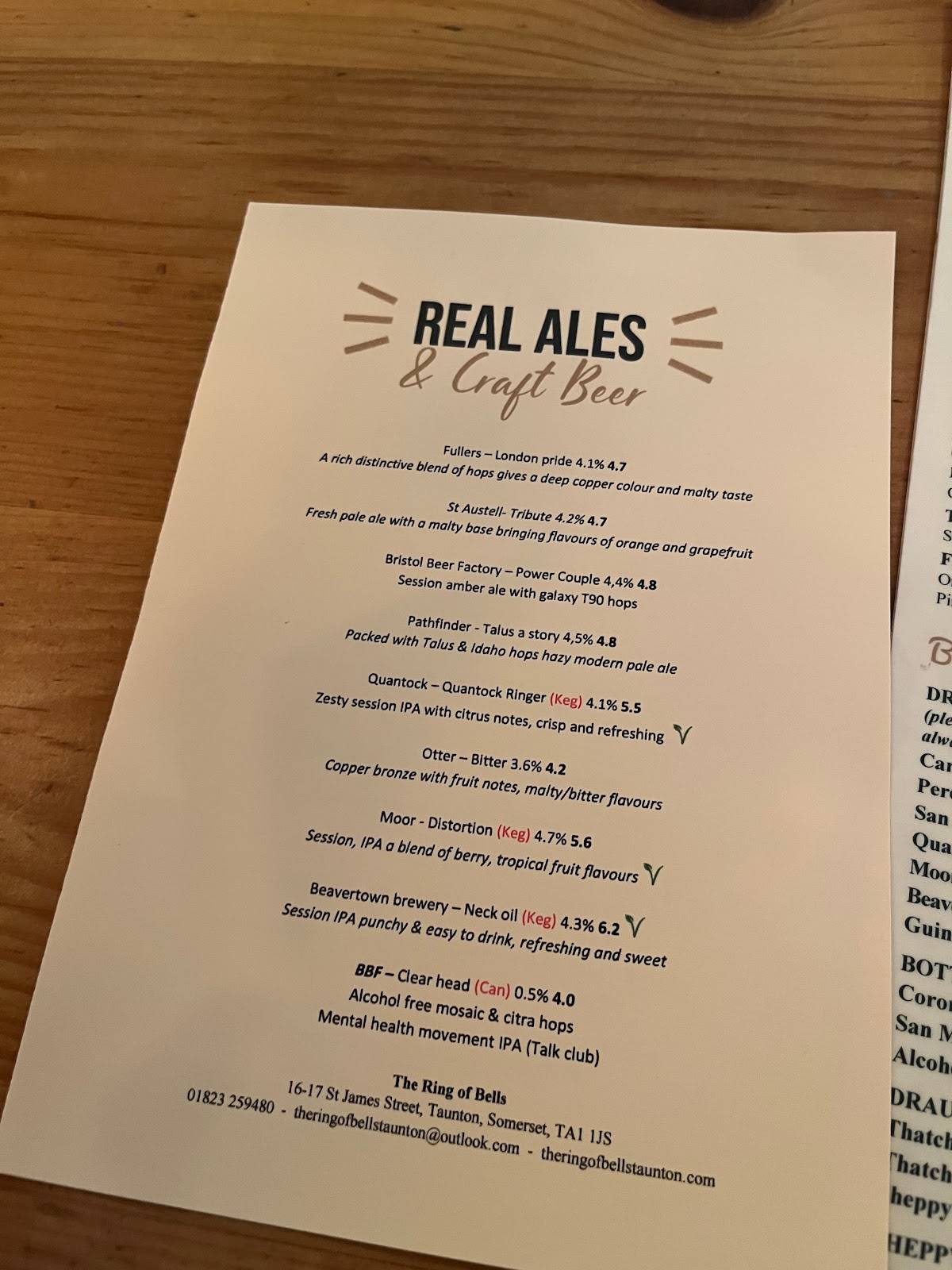 Menu at The Ring Of Bells pub & bar, Taunton, 1617 St James St