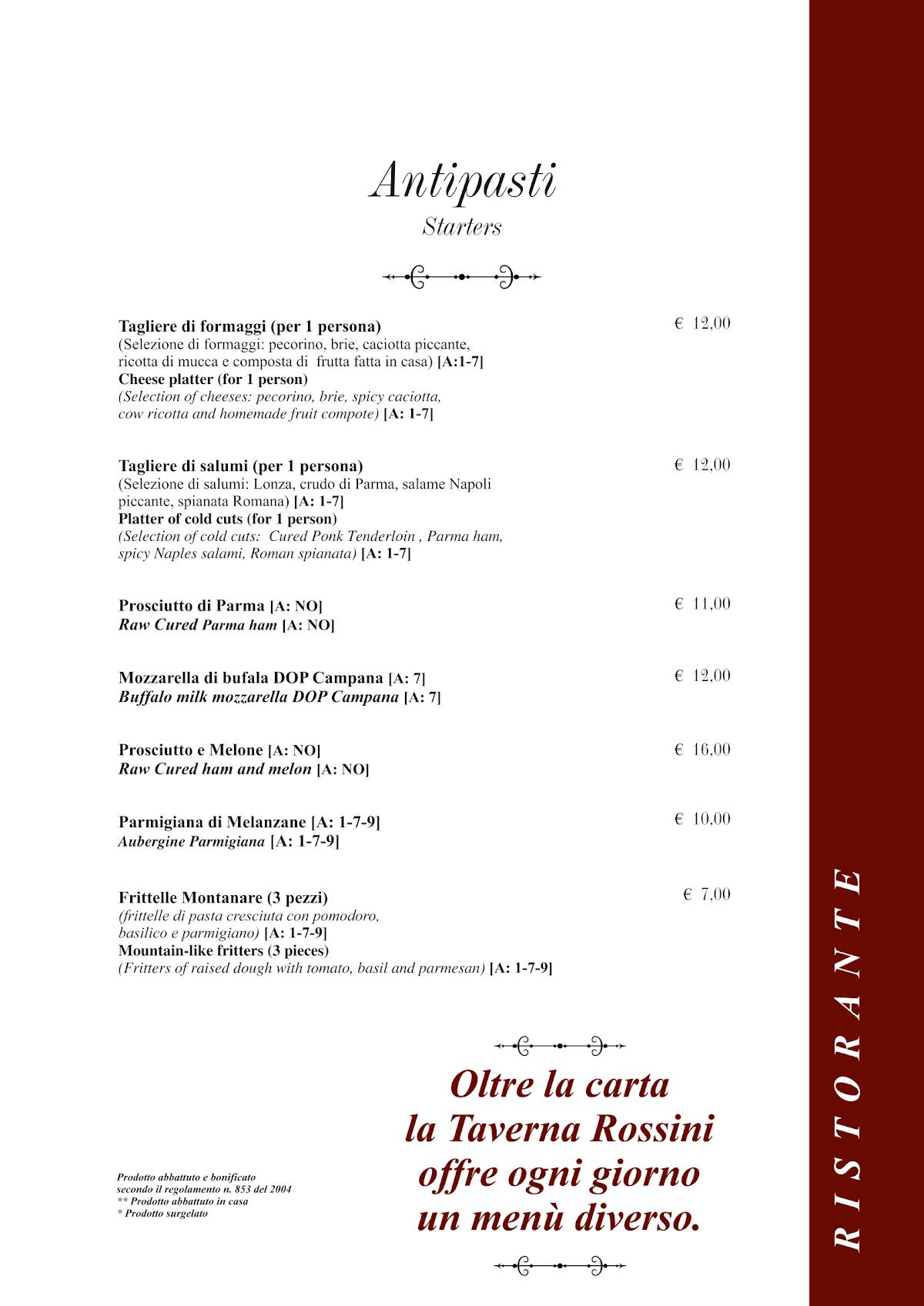 Menu di Taverna Rossini 