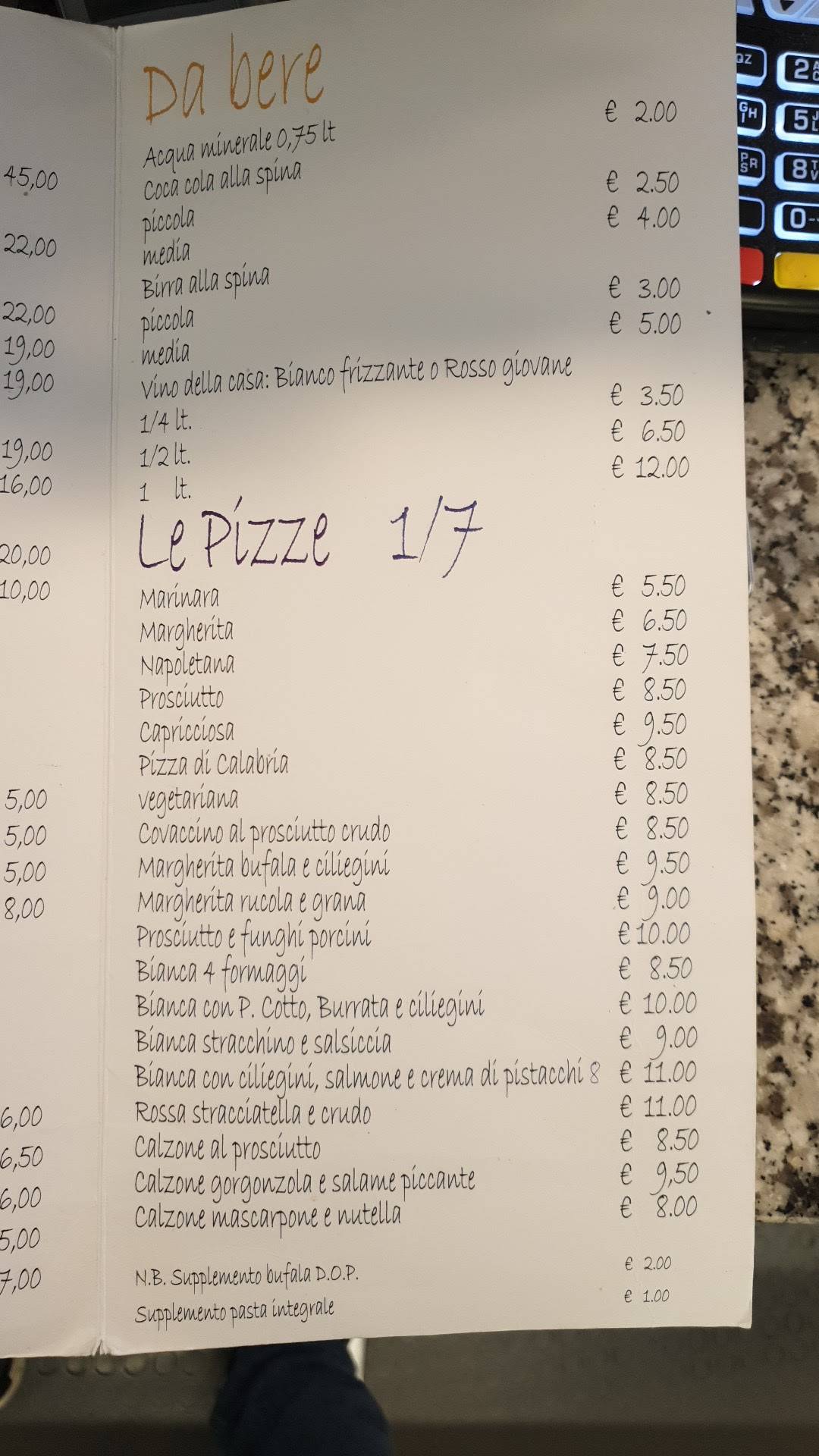 Menu di Taverna degli Artisti 