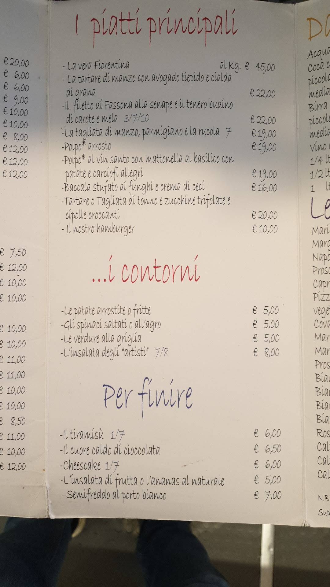 Menu di Taverna degli Artisti 