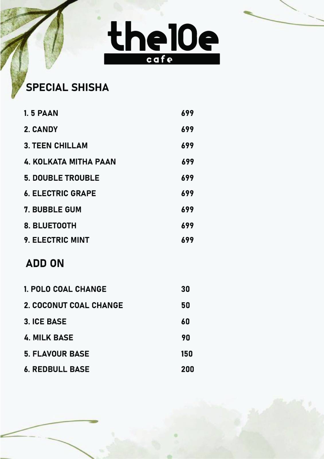 The 10e cafe menu