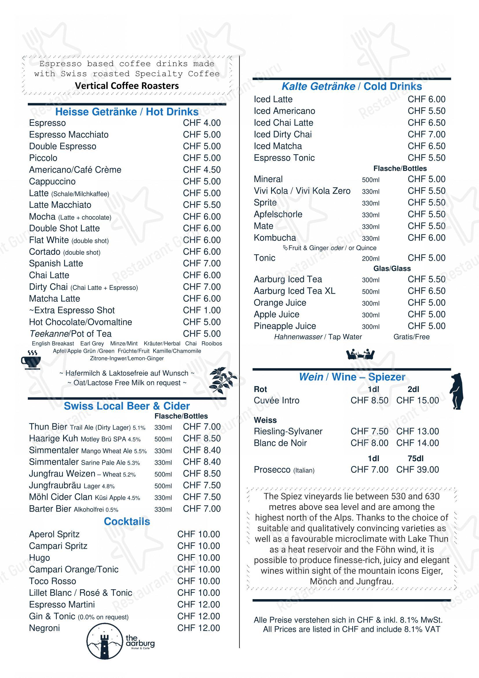 Menu bar per The Aarburg Hotel & Cafe caffè bar