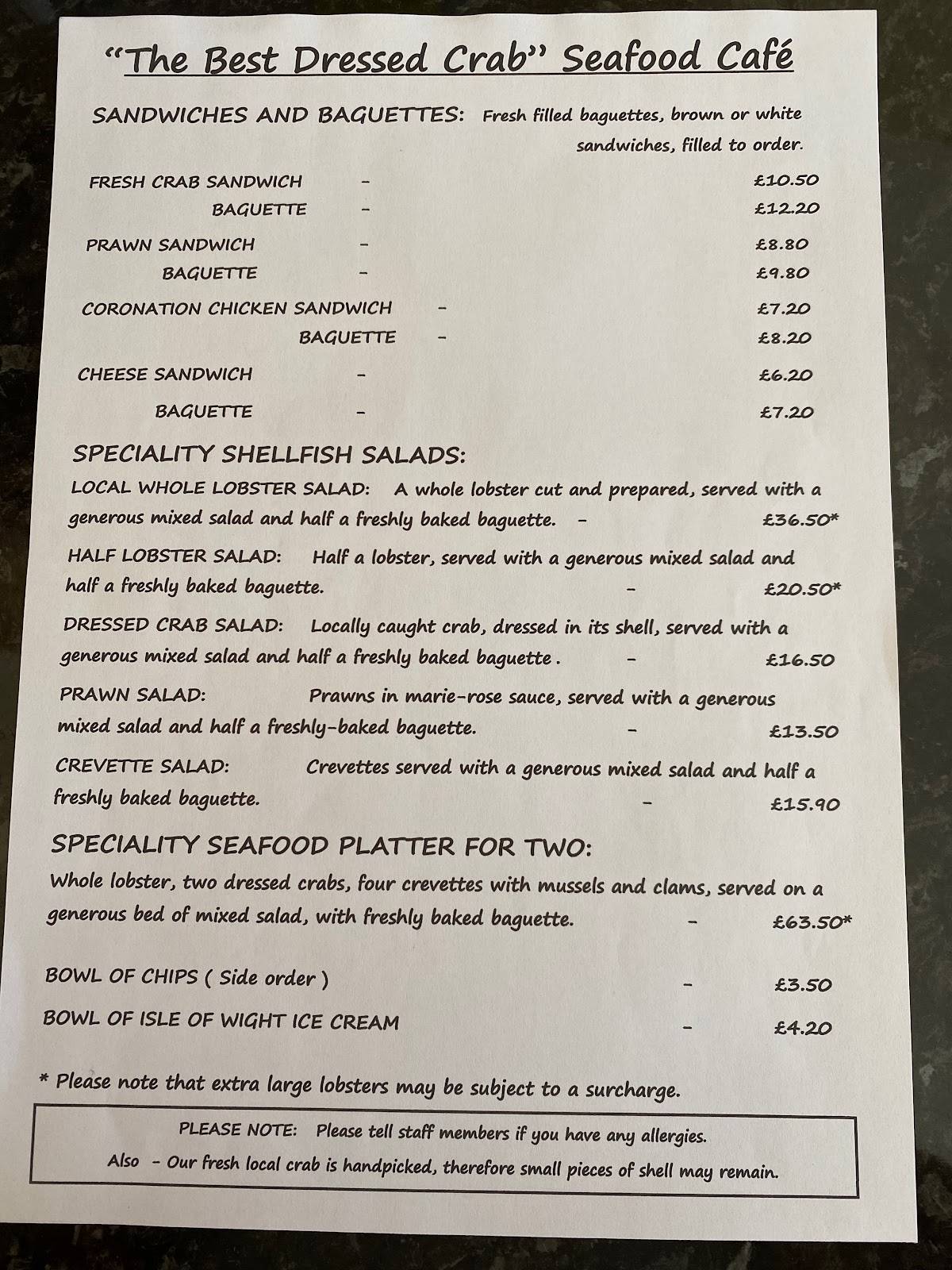 Menu at The Best Dressed Crab Ltd restaurant, Bembridge