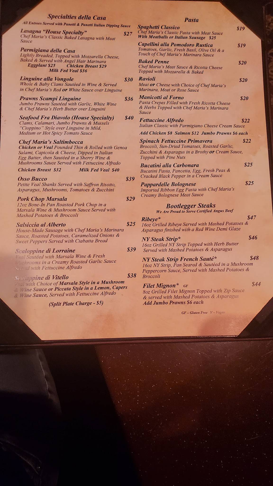 Menu at The Bootlegger Italian Bistro restaurant, Las Vegas