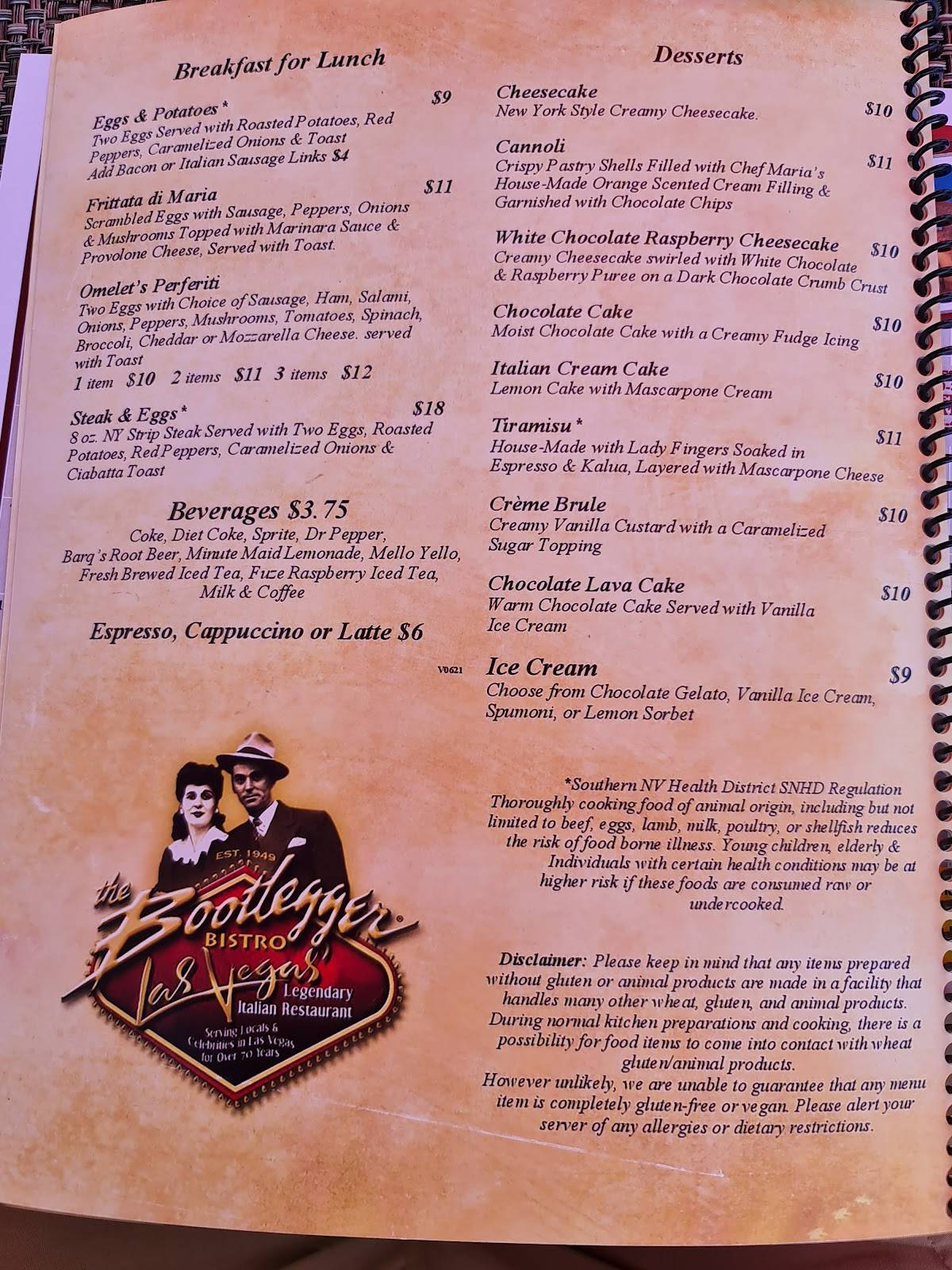 Menu at The Bootlegger Italian Bistro restaurant, Las Vegas