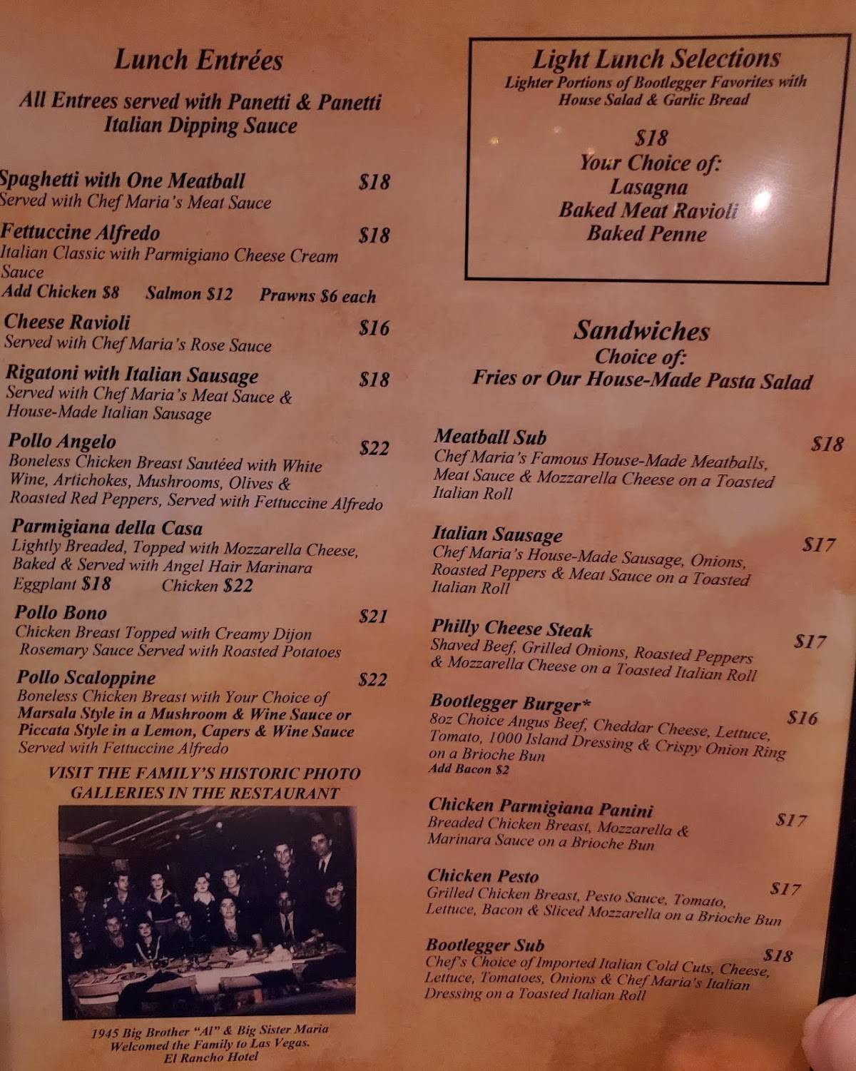 Menu at The Bootlegger Italian Bistro restaurant, Las Vegas