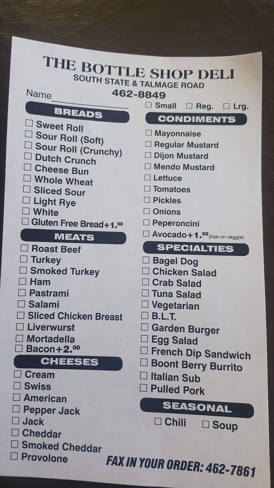 Menu at The Bottle Shop Deli restaurant, Ukiah, 152 Talmage Rd