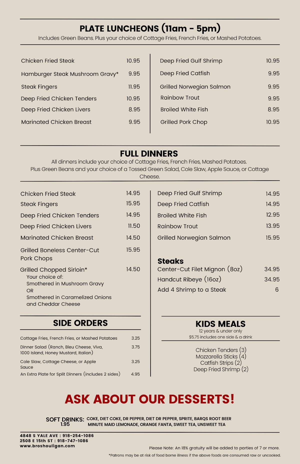 Menu at The Bros. Houligan restaurant, Tulsa, E 15th St