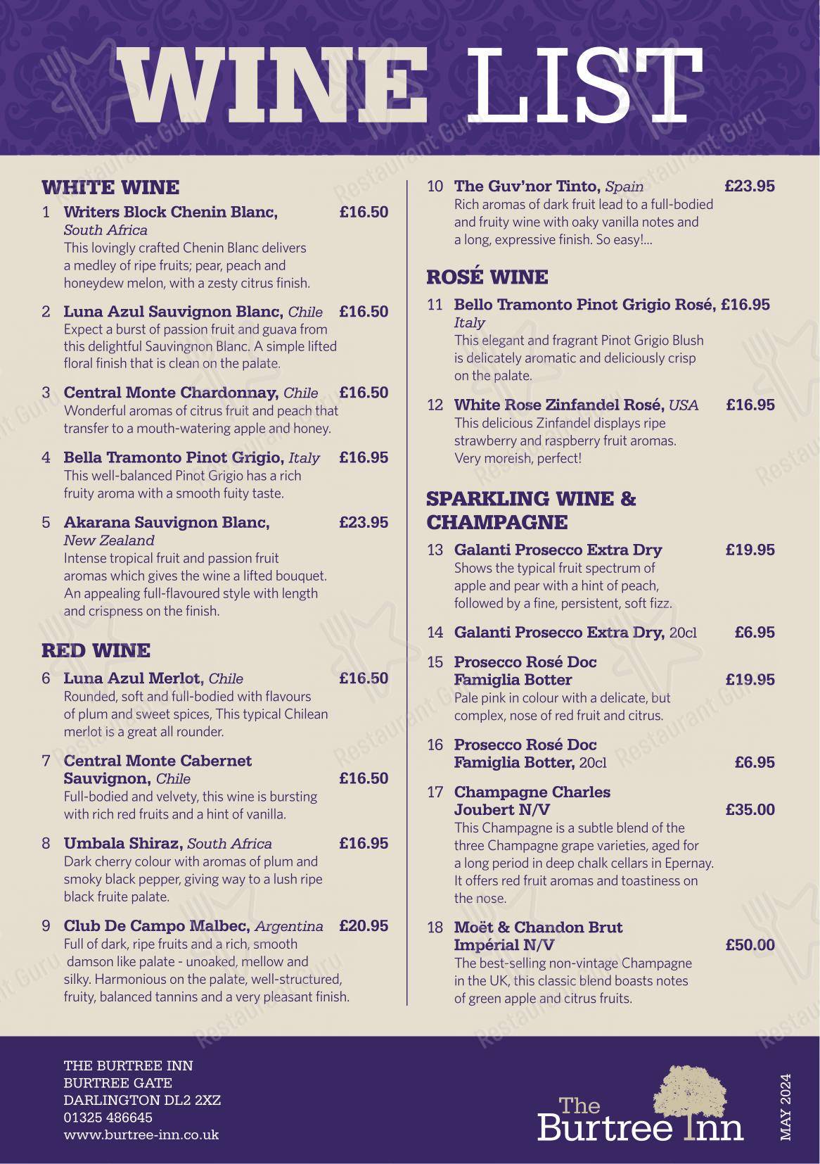 Menu at The Burtree Inn pub & bar, Darlington, Burtree Lane