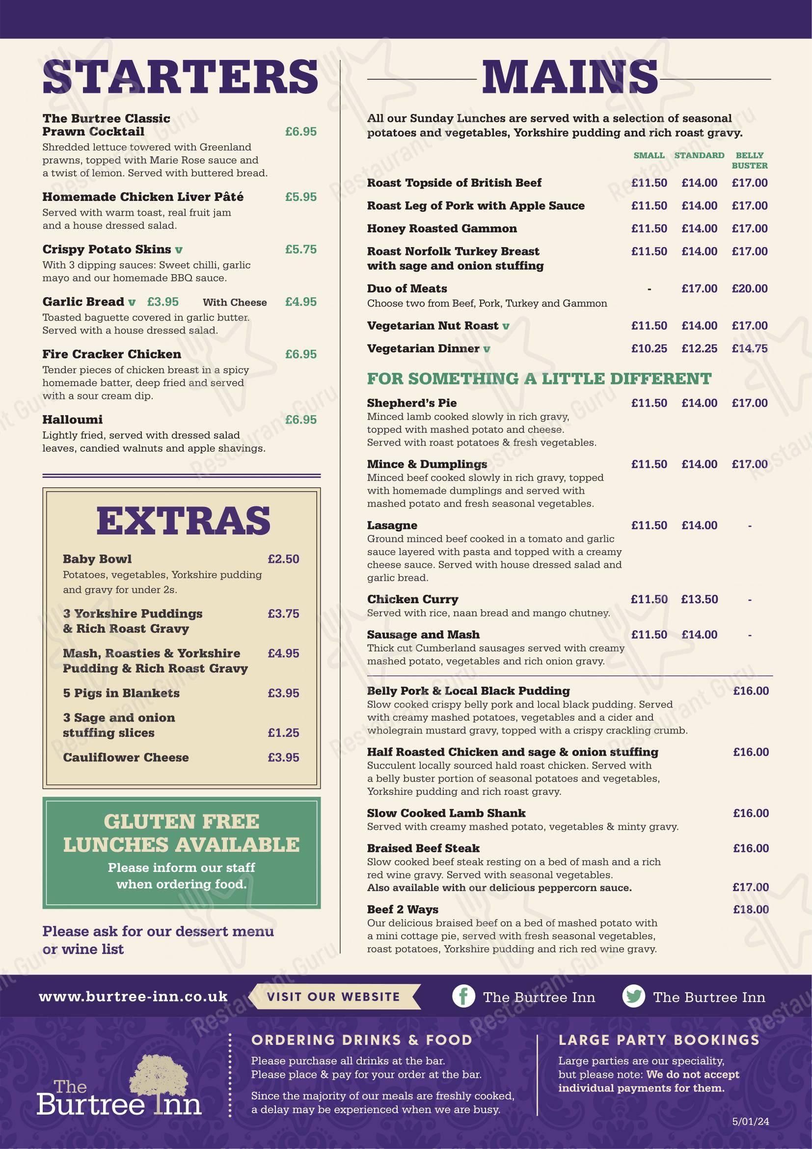Menu at The Burtree Inn pub & bar, Darlington, Burtree Lane
