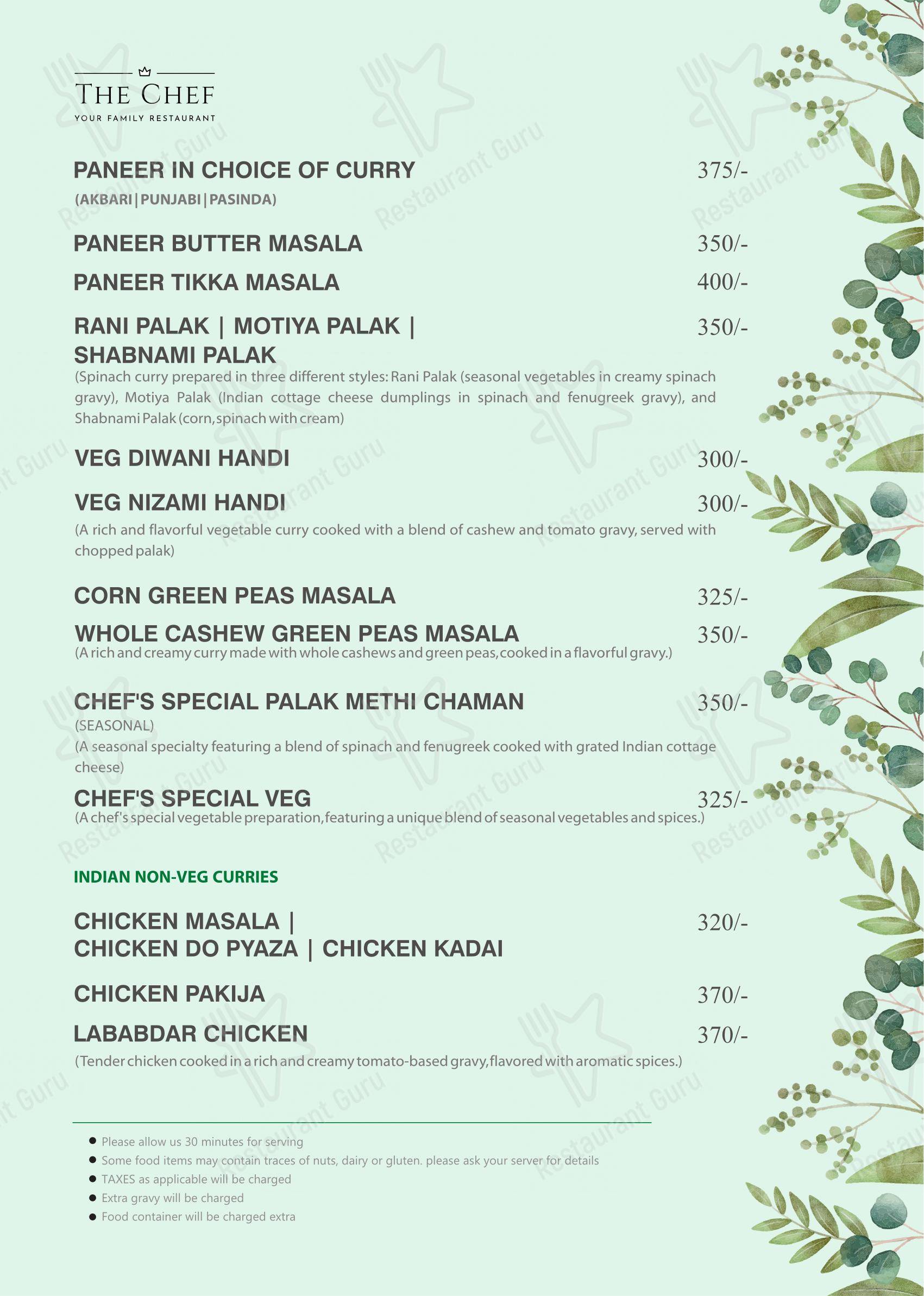 Menu for the The Chef restaurant