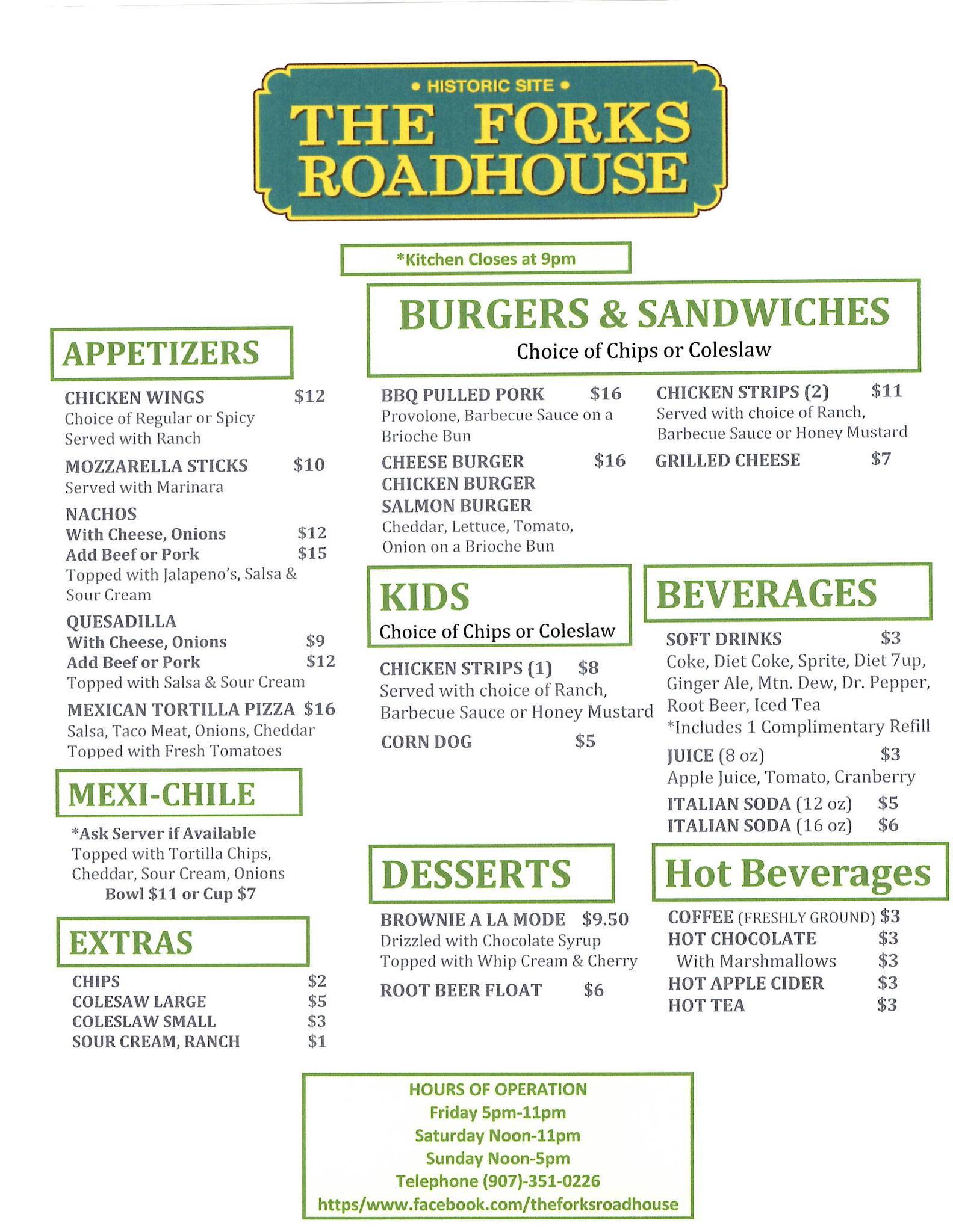 Menu at The Forks Roadhouse Petersville, Alaska restaurant, Petersville