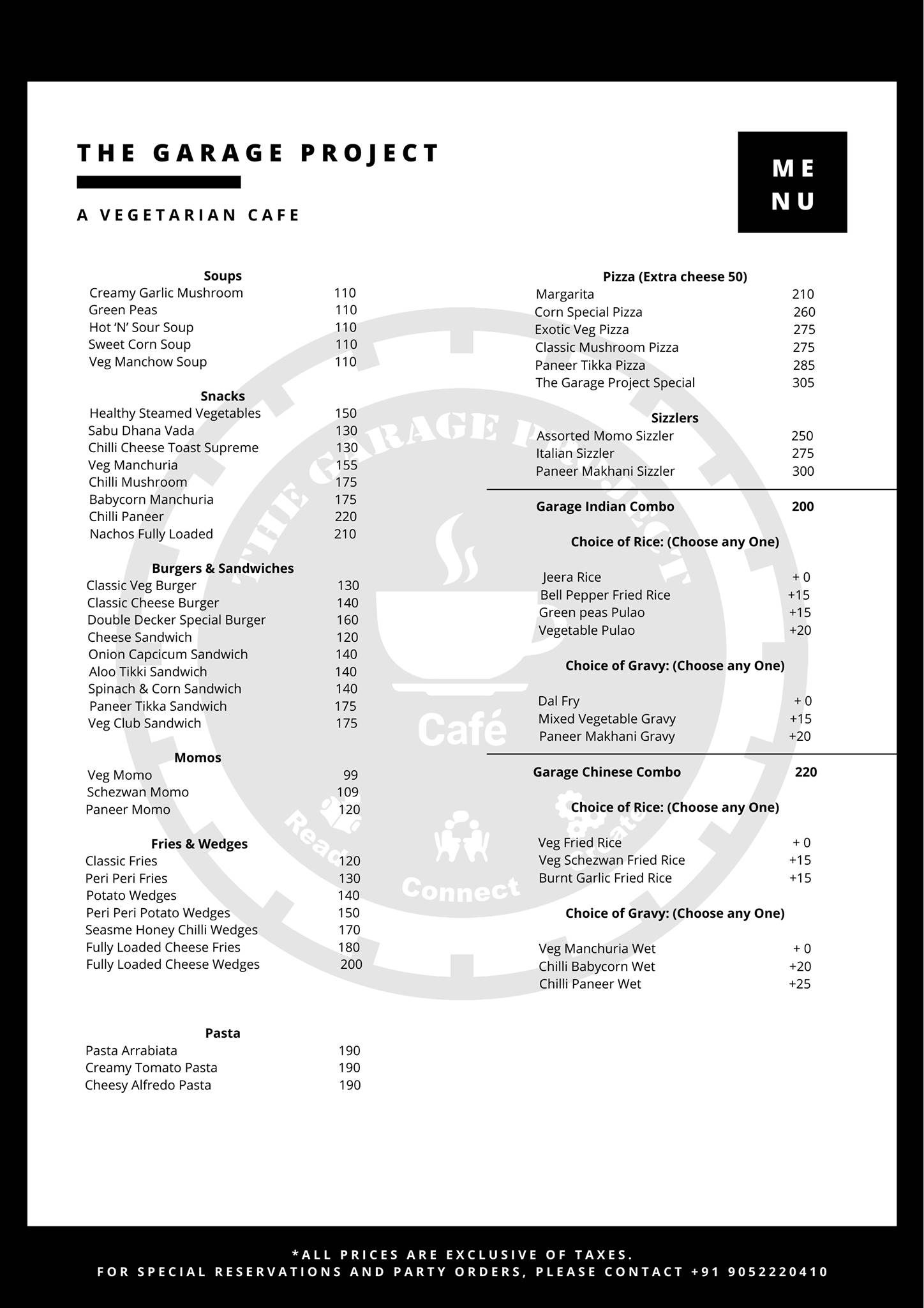 The Garage Project menu