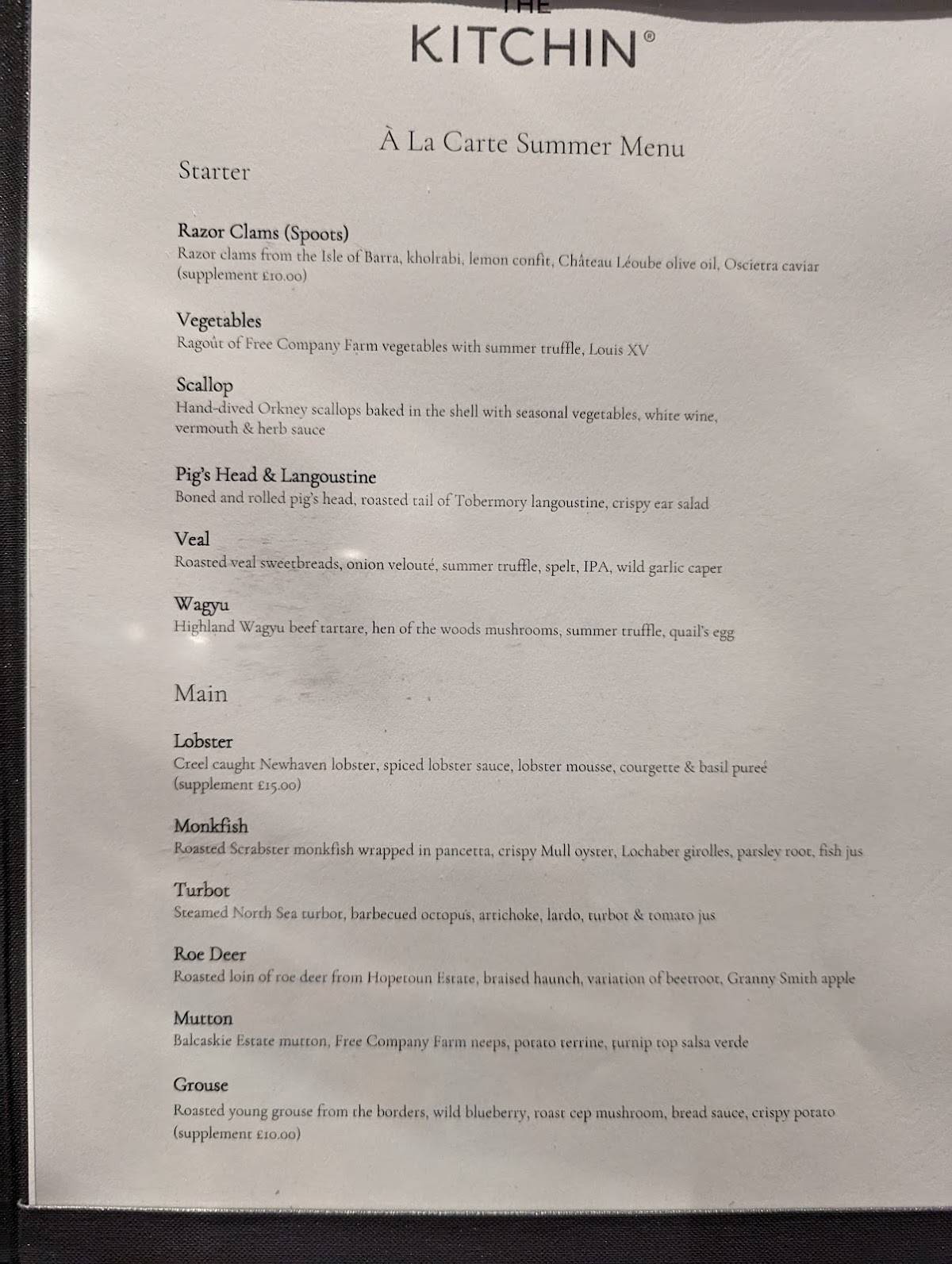 Menu at The Kitchin restaurant, Edinburgh
