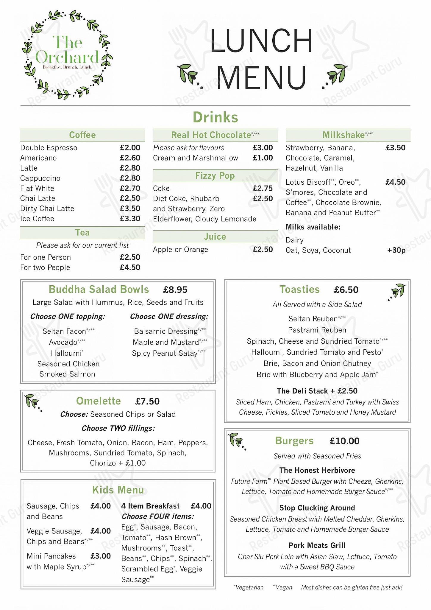 Menu at The Orchard Worthing restaurant, Worthing