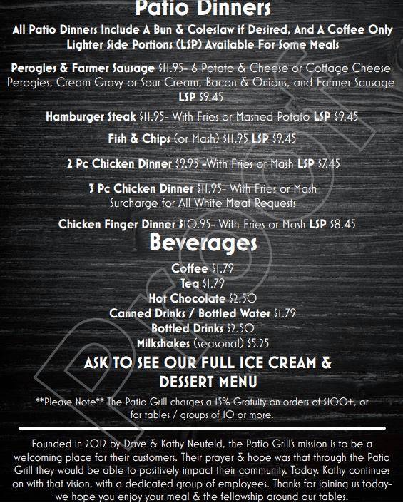 Menu at The Patio Grill restaurant, Grunthal