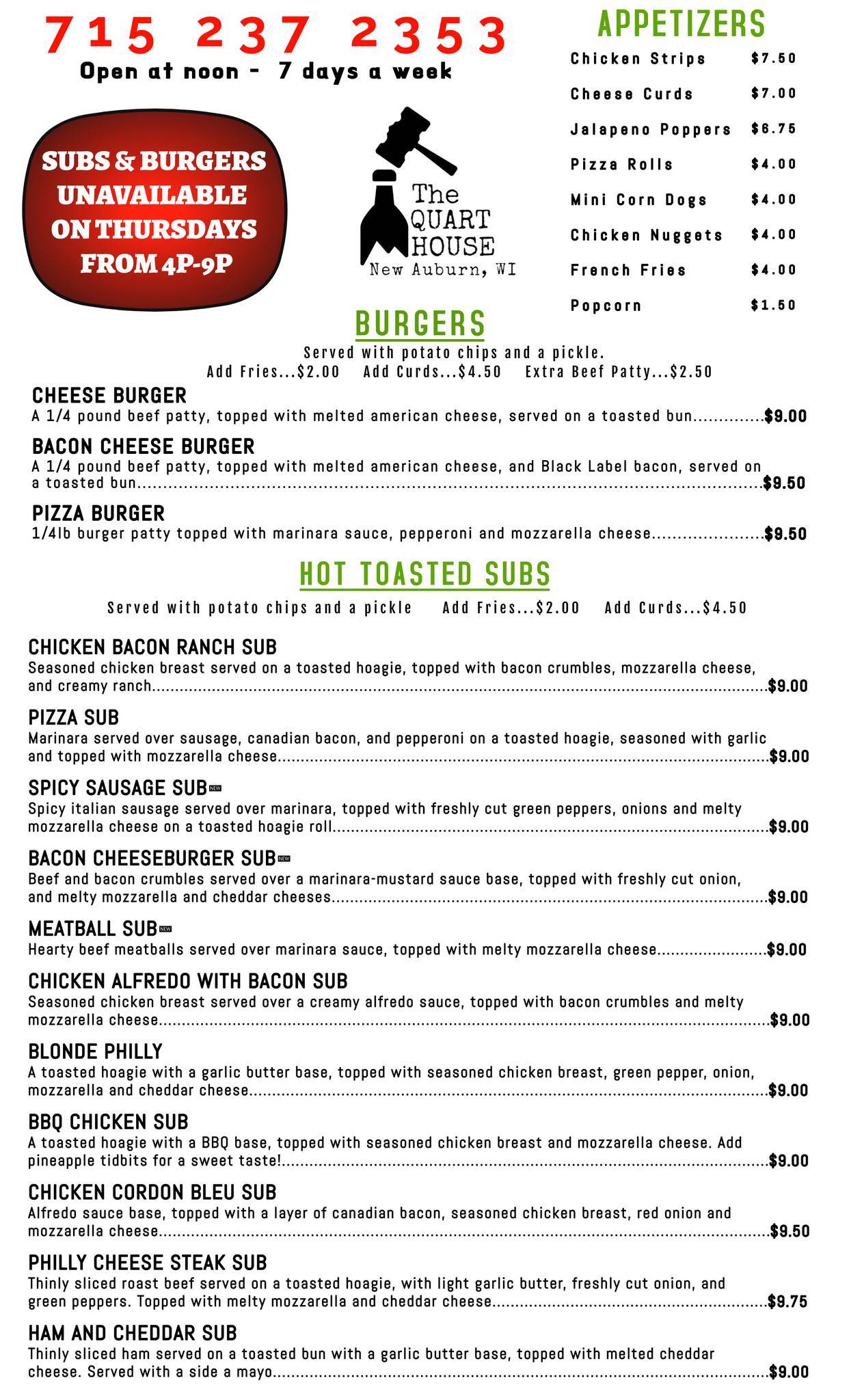 Menu at The QuartHouse pub & bar, New Auburn