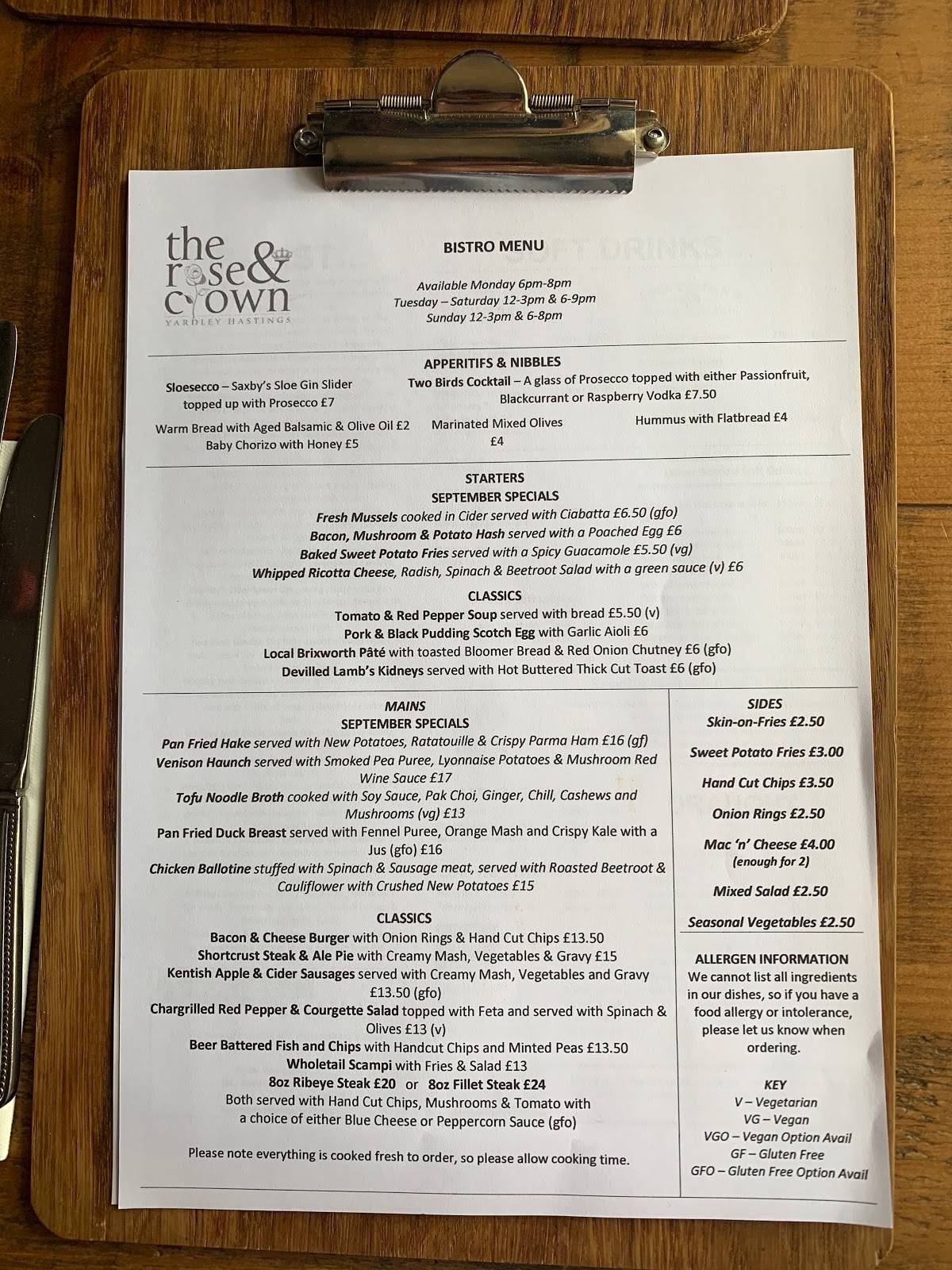 Menu at The Rose & Crown, Yardley Hastings, Northampton pub & bar