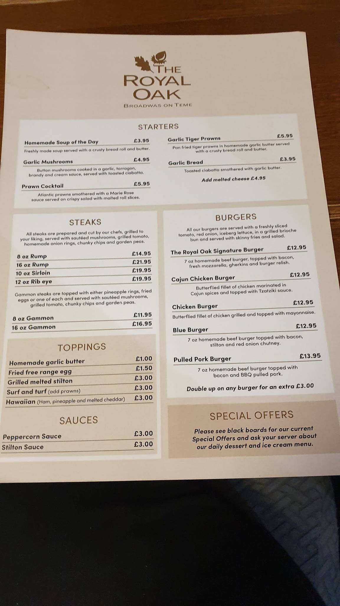 Menu At The Royal Oak Pub Bar Broadwas On The A44 Between Worcester 