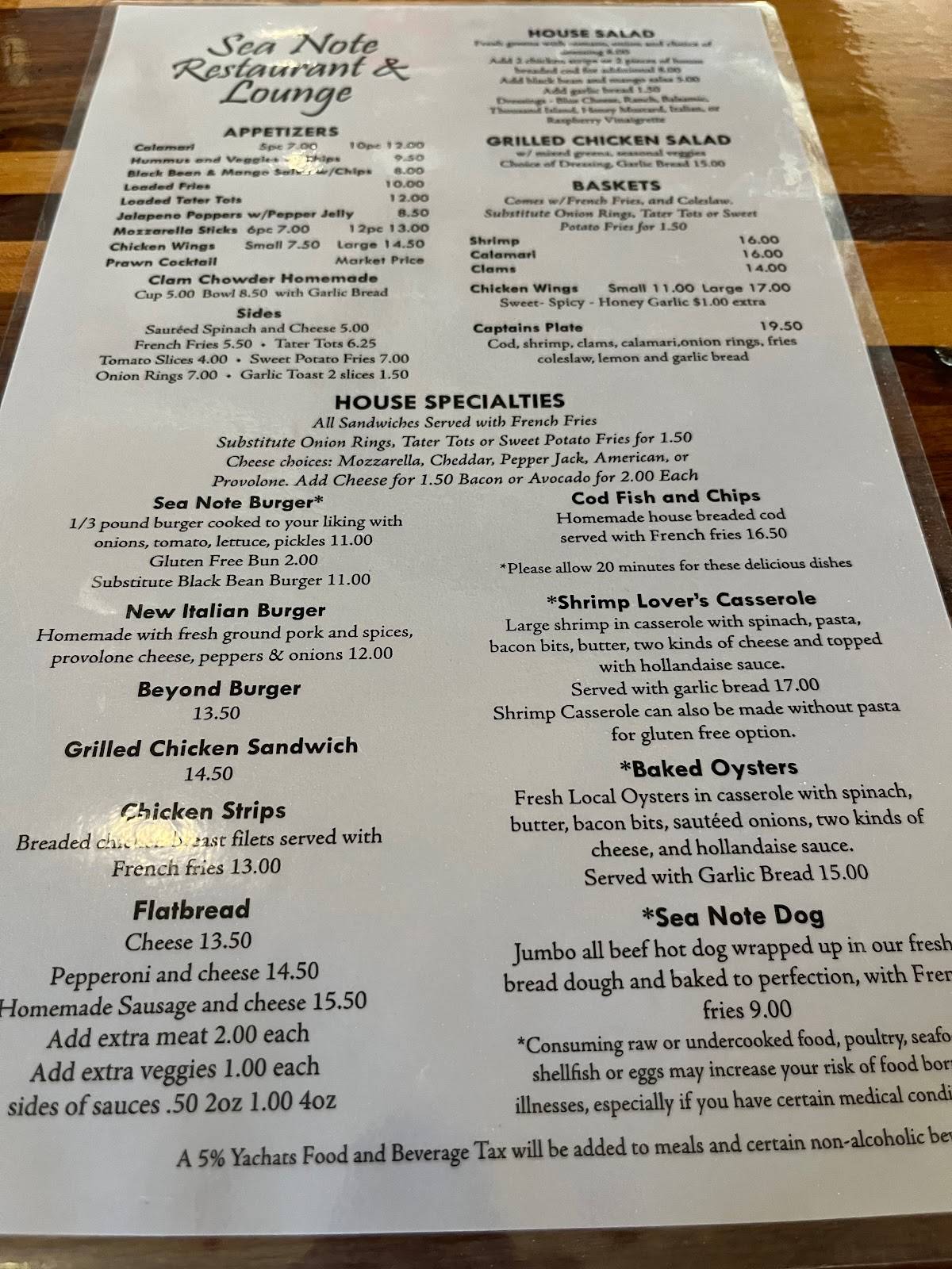 Menu at The Sea Note Restaurant & Lounge, Yachats
