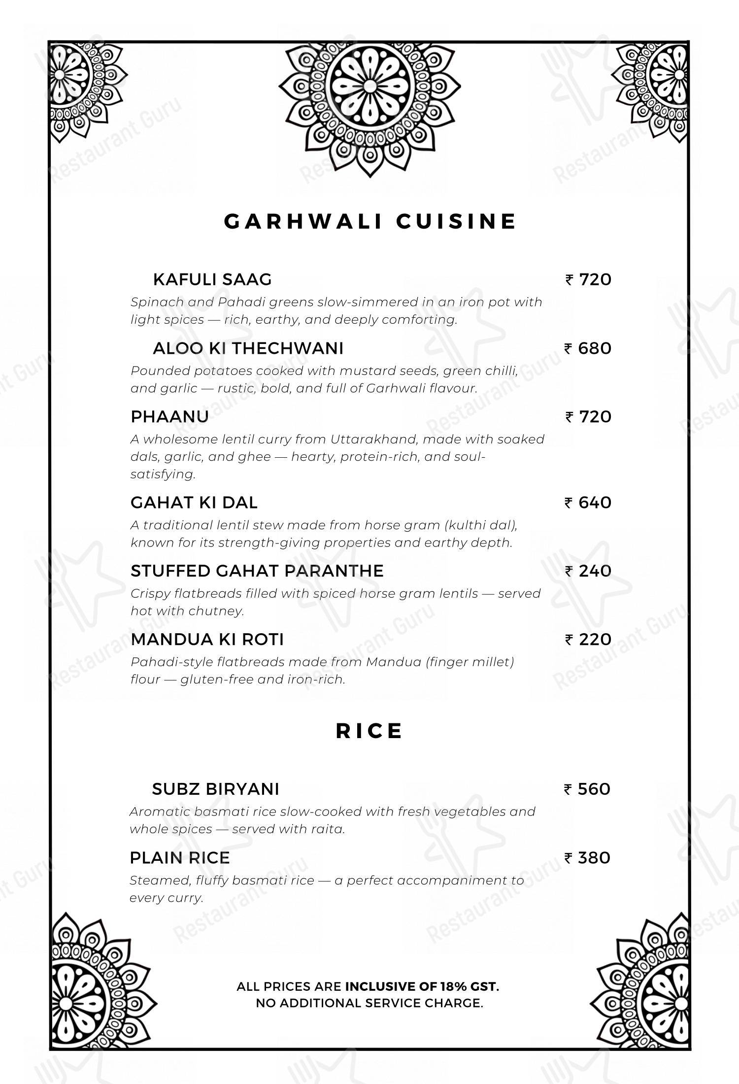 Menu for the The Sitting Elephant - A Rooftop Restaurant Overlooking River Ganga restaurant
