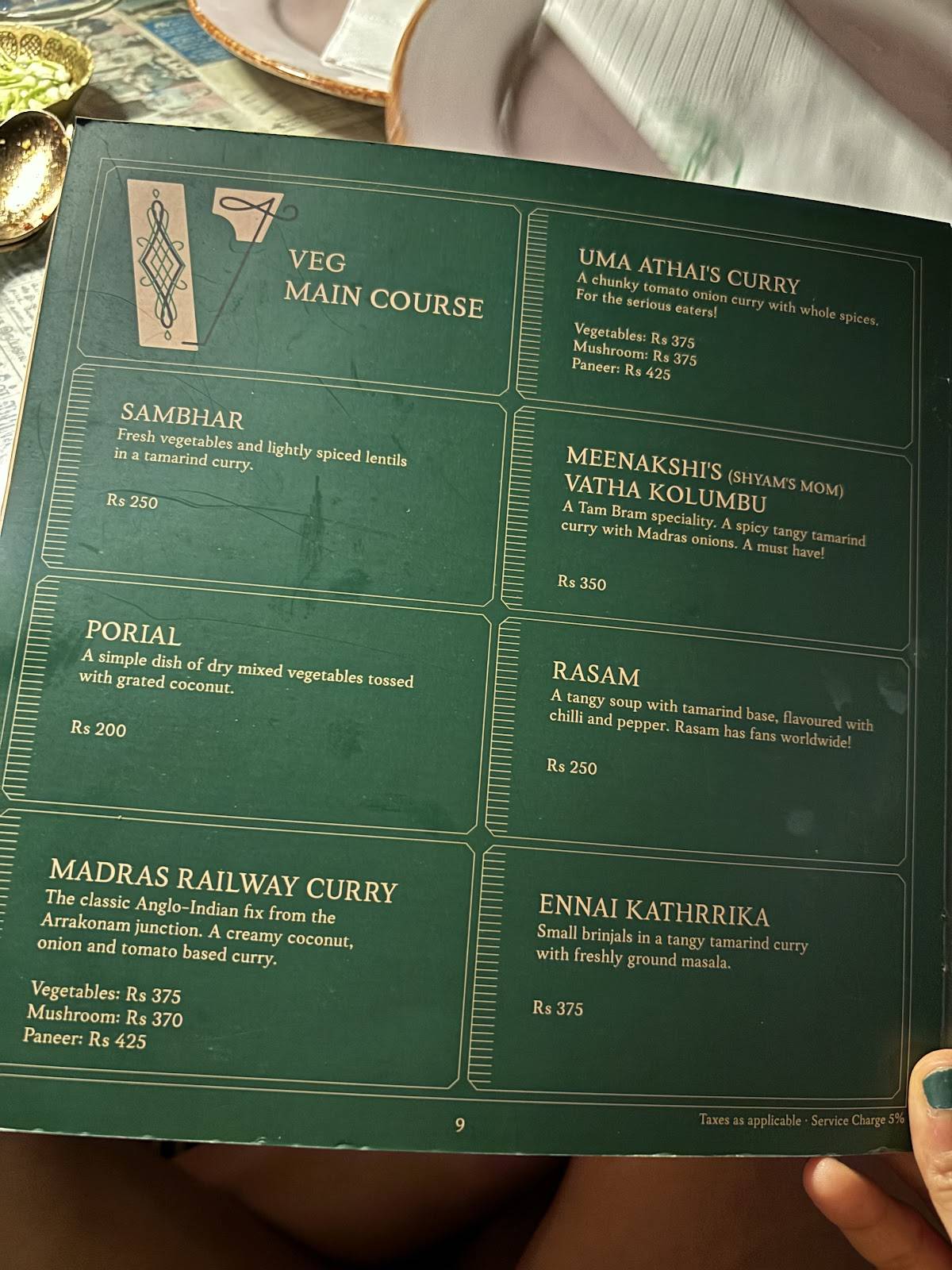 The Tanjore Tiffin Room, Goa menu