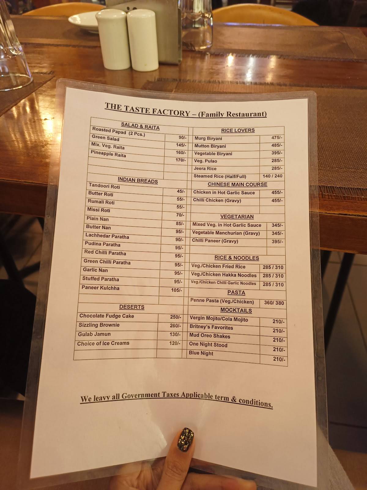 The Taste Factory menu