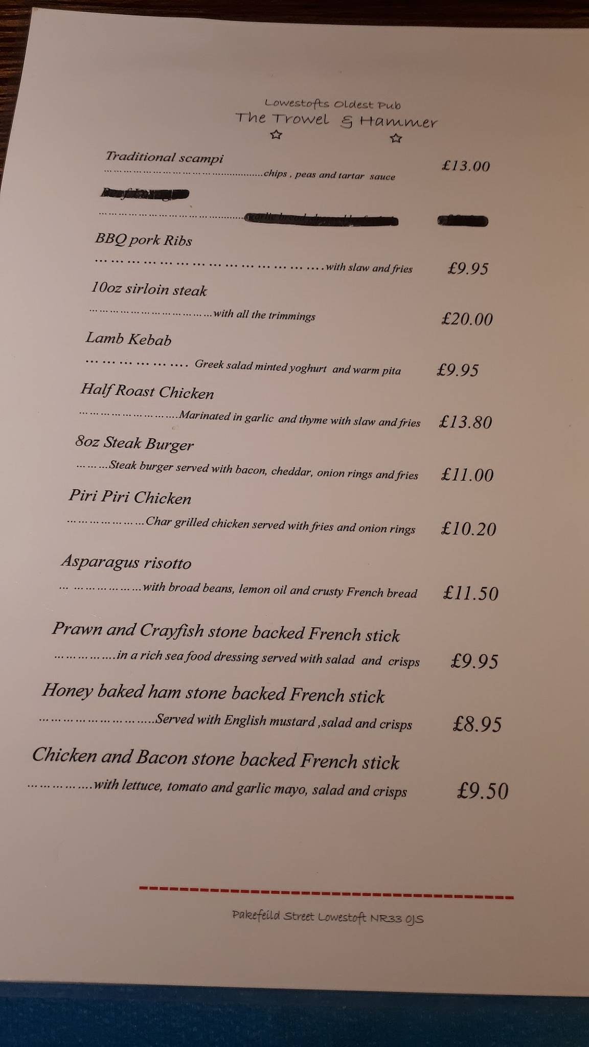Menu at The Trowel & Hammer pub & bar, Lowestoft