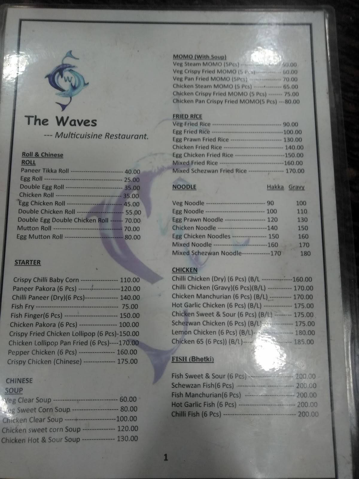 Menu at The Waves, Kolkata