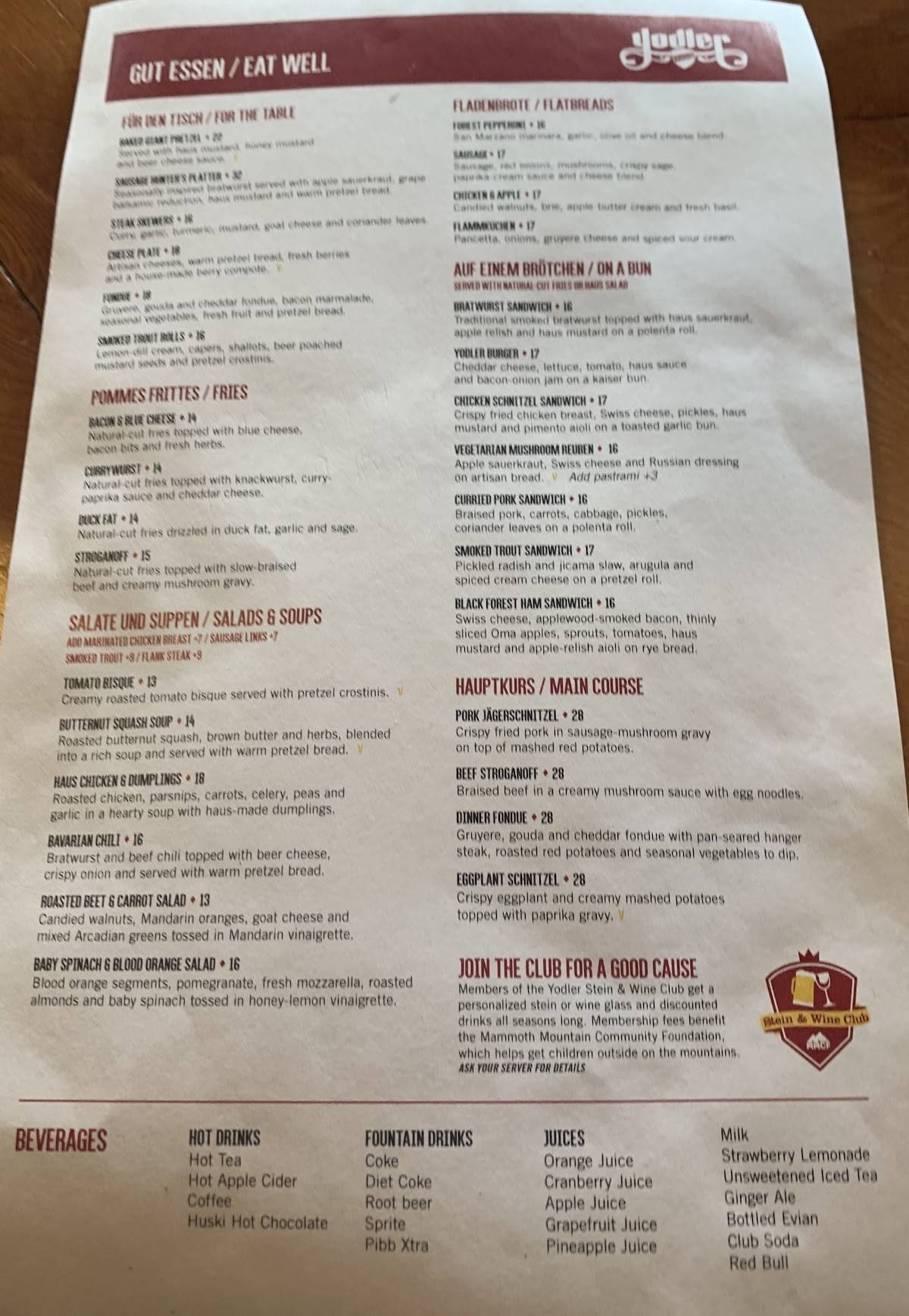 Menu at The Yodler Restaurant & Bar, Mammoth Lakes, Minaret Rd 2120